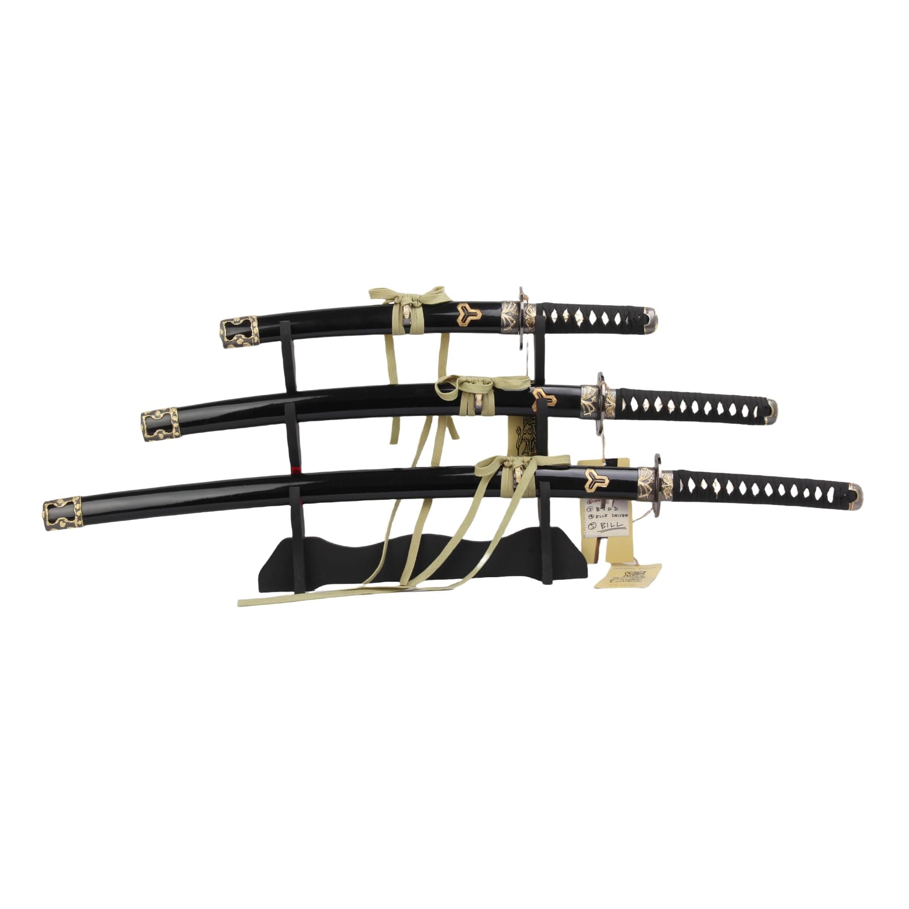 Sword Valley Kill Bill Premium Movie-Style Samurai Sword 3-Piece Set with 3-Tier Display Stand – Engraved Scabbards, Stainless Steel Blades, Waxed Cotton Handle (37.4"+30.7"+19.3")