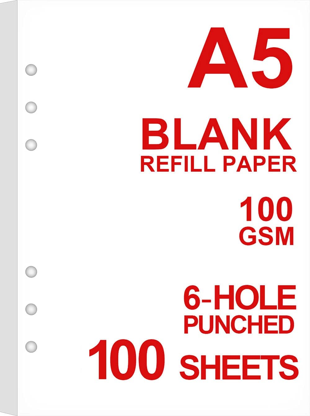 A5 Blank Paper Refill, Refills for Filofax Planner/Binders/Organizer, 6-Hole Punched, 100 Sheets/200 Pages Filler Paper, 100gsm, White, 5.8'' x 8.2''