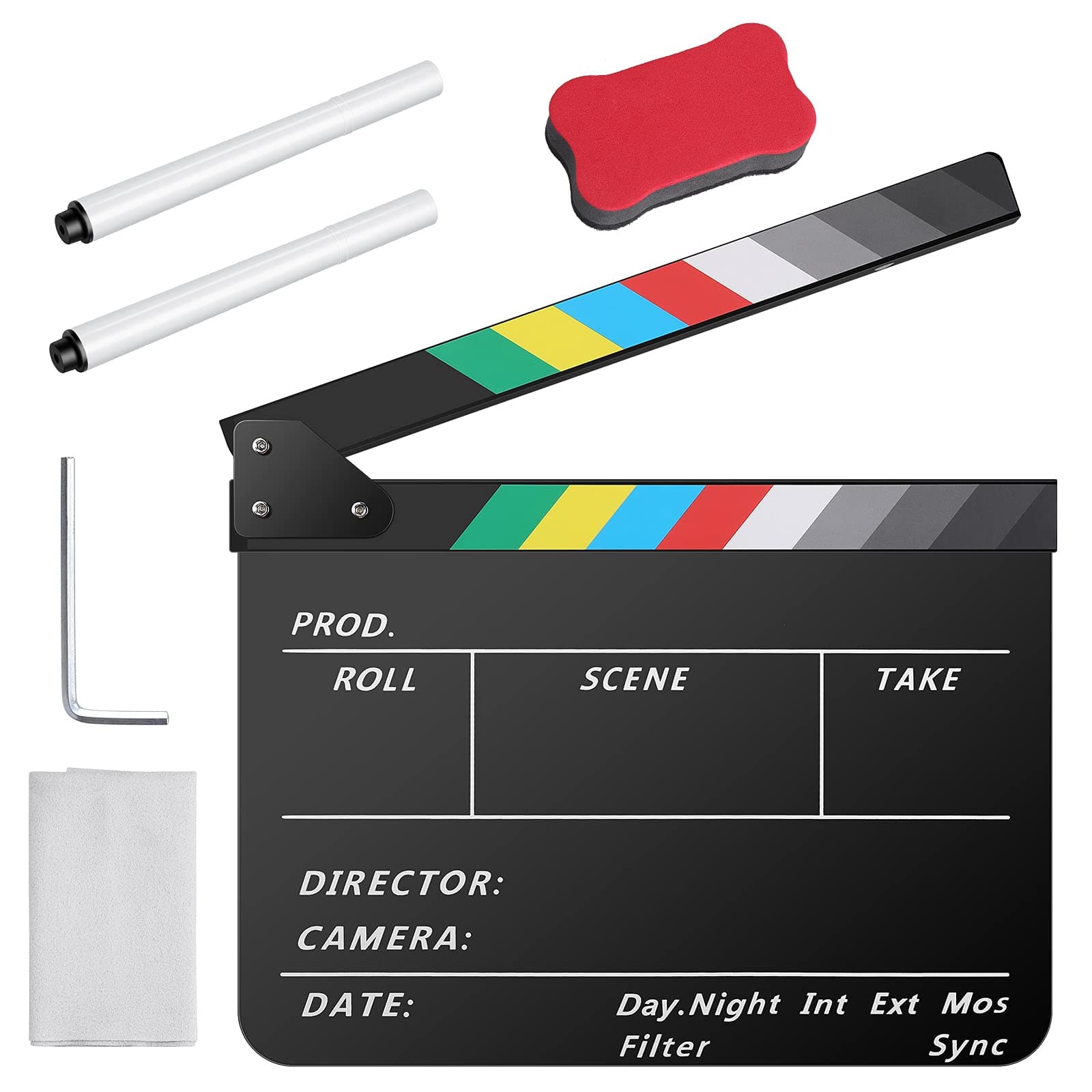 Acrylic Film Clapper Board -12 x 10in Film Slate Clapperboard Movie Theater Decor Clapboard with a Magnetic Blackboard Eraser, Two Custom Pens, Cleaning Cloth and Hexagonal Wrench