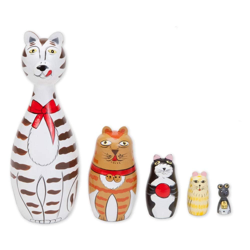 Bits and Pieces - Cleo & Friends Nesting Cats-Hand Painted Wooden Nesting Dolls Matryoshka - Set of 5 Dolls from 7" Tall with Gift Box