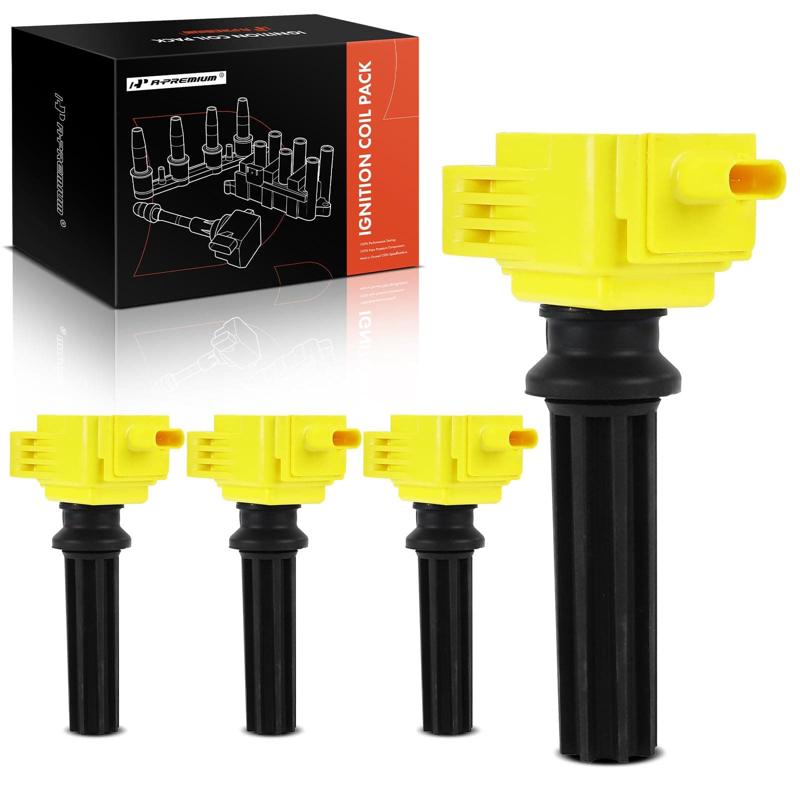 A-Premium (Yellow) Engine Ignition Coil Pack Compatible with Ford Explorer Escape Fusion Focus Edge Mustang Taurus & Lincoln MKZ MKC MKT & Land Rover Discovery Sport & Jaguar XF XE, 2.0L 2.3L 2.5L