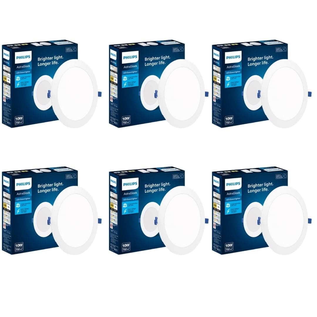 Philips Polycarbonate Astra Sleek 10-watt Round LED Downlighter|LED Ceiling Light for Home and Hall|Cut Out: 110 mm, Color: Cool Day Light, Pack of 6