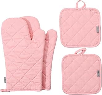 Oven Mitts and Pot Holders 4 pcs Set,High Heat Resistant 500 Degree Extra Thicken Long Kitchen Cotton Oven Glove for Cooking (12 Inch,Pink)…