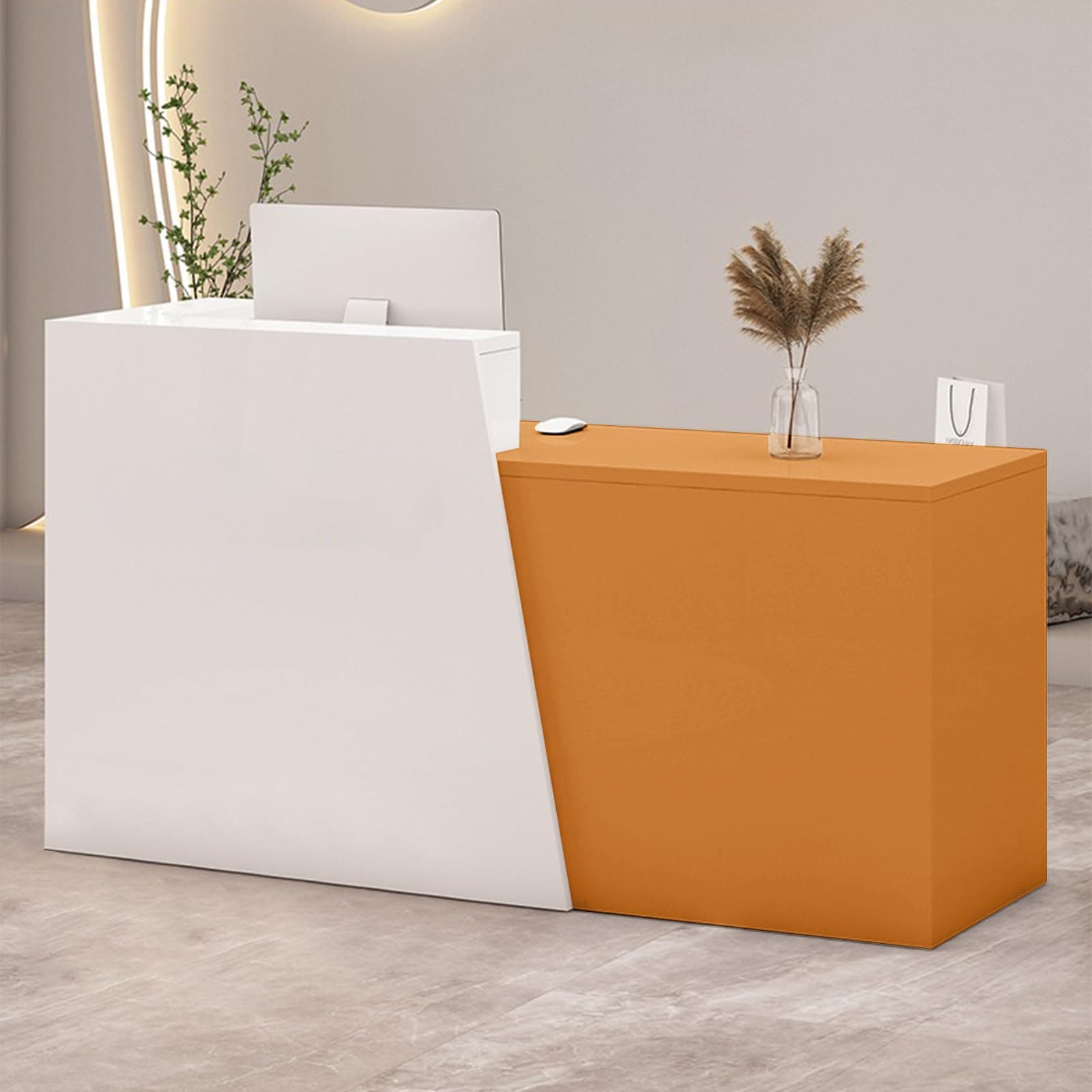 Retail Reception Desk with Storage, Modern Checkout Counter for Store, Anti-Scratch Front Desk for Salon, Boutique, Cafe – Easy Assembly R 86.6" × 16.5" × 39.4"