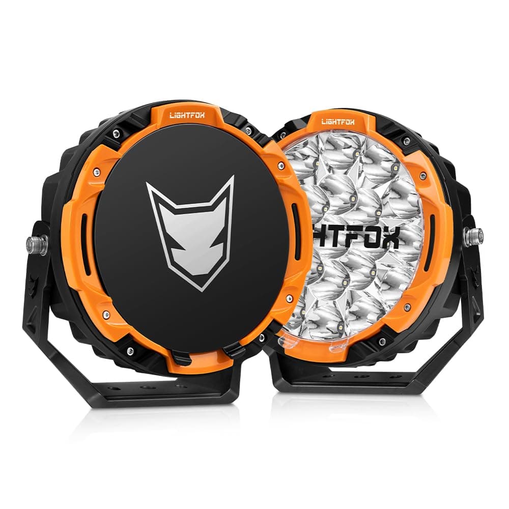 LIGHTFOX 2 PCs 7 Inch LED Driving Lights Round with 3 Colors Protective Ring, 15,366LM IP68 Spot Lights Built-in DRL for Jeep Wrangler Truck Pickup SUV