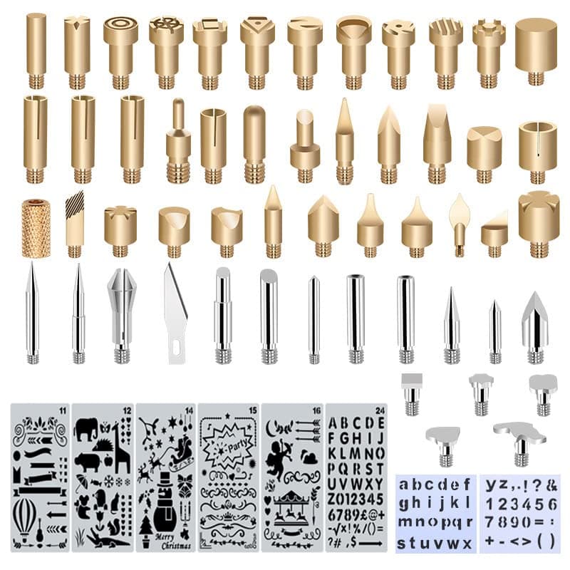 60 pcs Wood Burning Tips Set and Stencils, Pyrography Wood Burning Alphabet Numbers Symbols Stamps Set( Include 54 Assorted Wood Burning/Carving/Embossing & Soldering Tips and 6 Stencils)