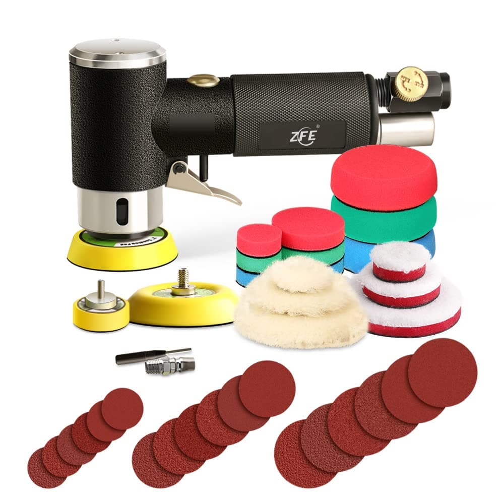 1/2/3 Inch Random Orbital Air Sander, Mini Pneumatic Sander for Auto Body Work, High Speed Air Powered Polisher with 15 Polishing Buffing Pads,18 Sandpapers