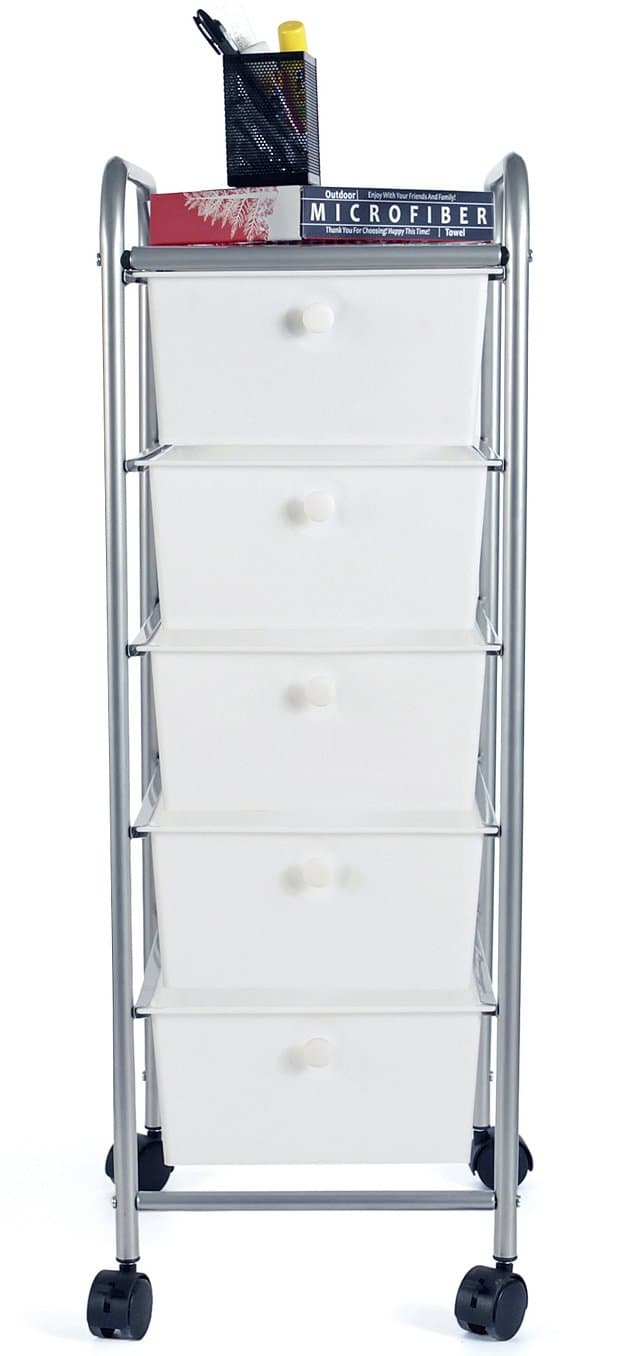 EaseOffice 5-Drawer Rolling Storage Cart with Heavy Duty Chrome Steel Frame for Home, Office, Beauty Salon and More, White