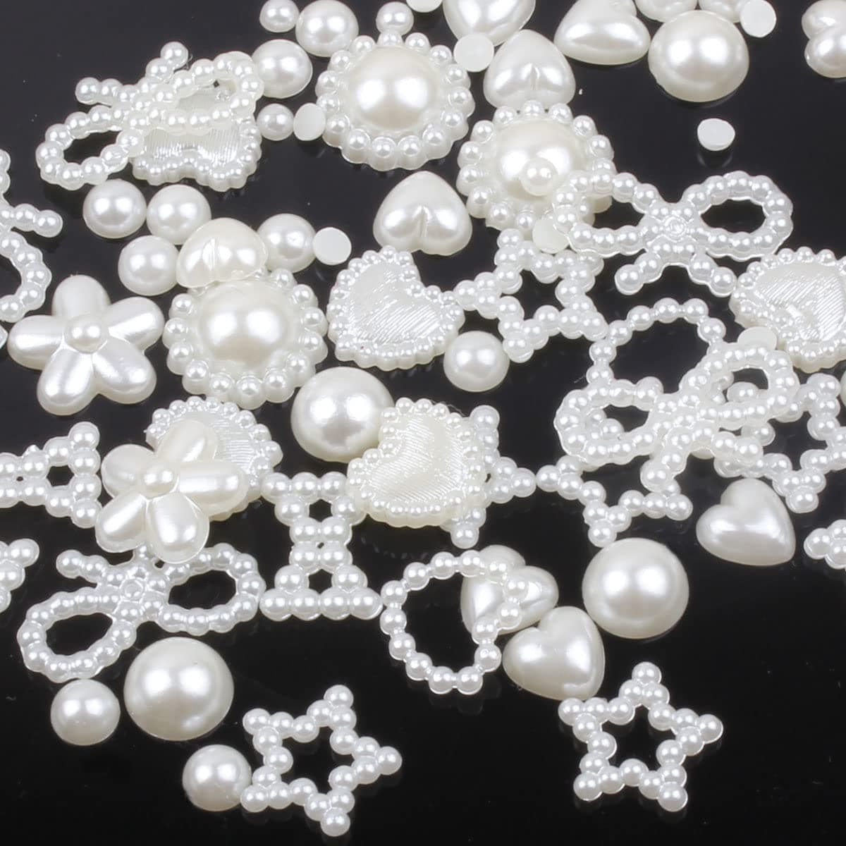 15g Pack Approx 50 Mixed Flat Back Pearls Cabochons Bows Hearts Stars Cute Kawaii Beads 3mm - 18mm (#1. Ivory)