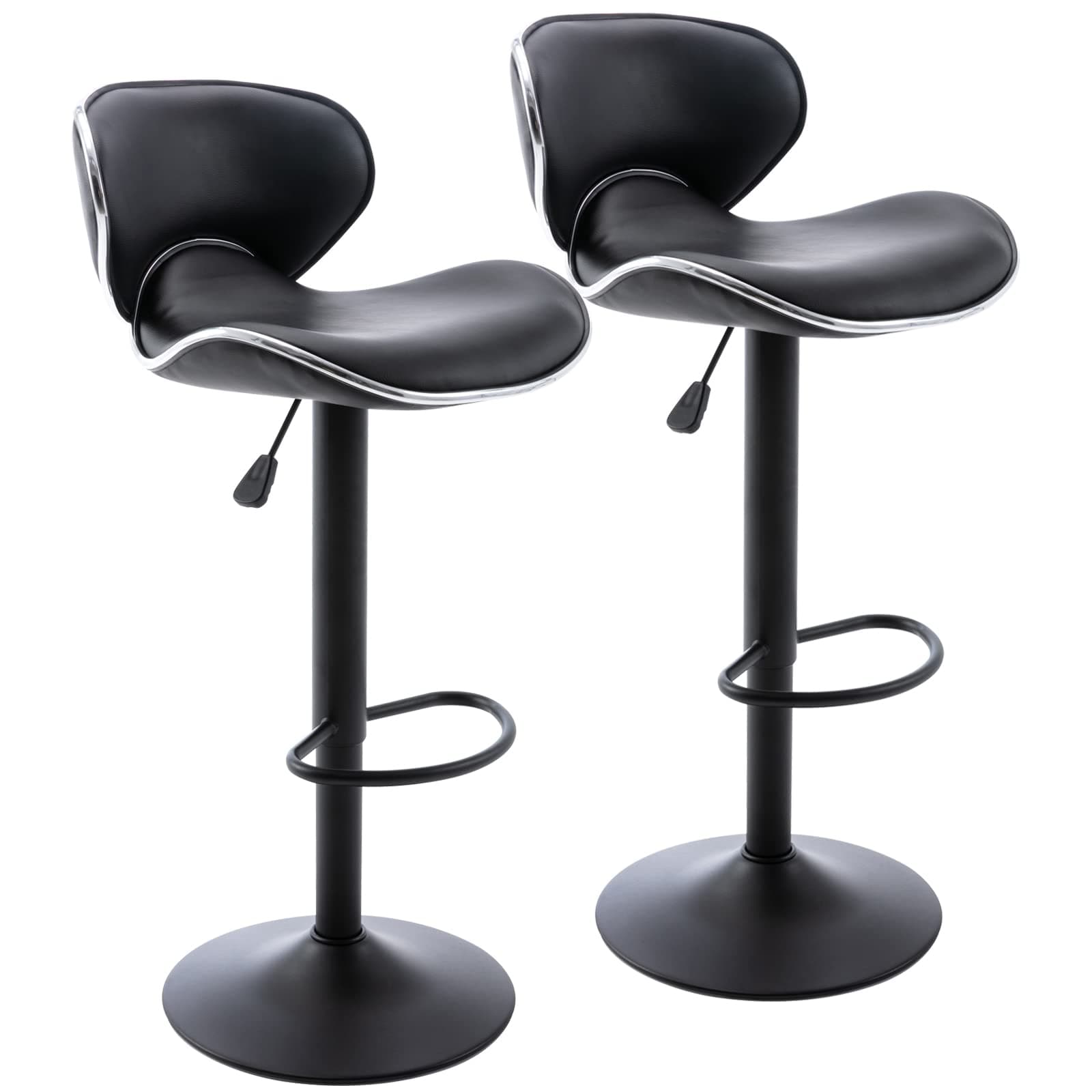 PU Leather Adjustable Bar Stools, Modern Swivel Airlift Barstools with Back, Armless Counter Height Chairs for Kitchen Dining Pub Cafe Set of 2 (Black, Matte Black Base)