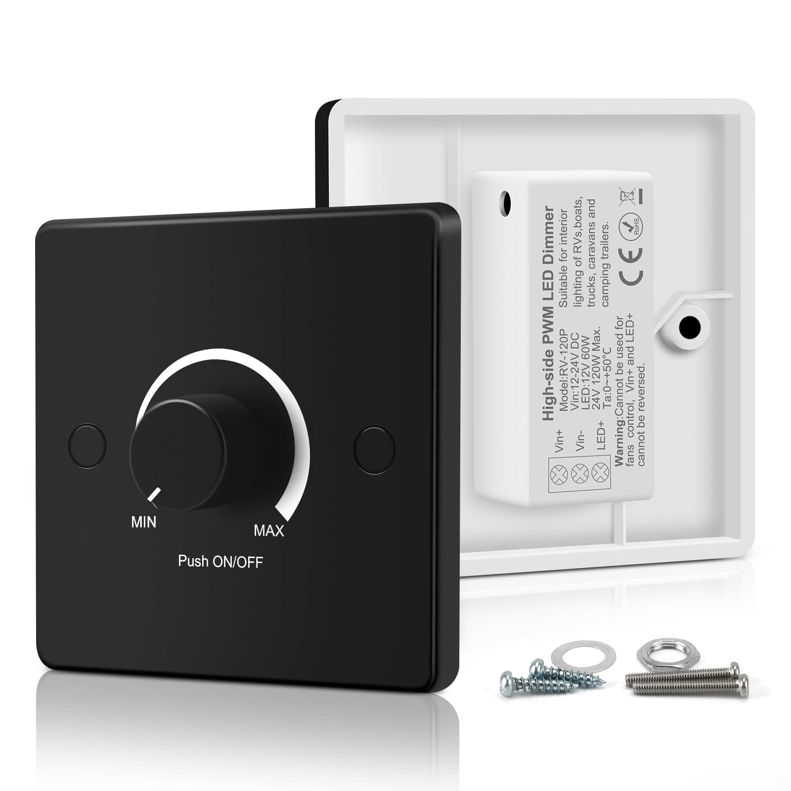 VIPMOON DC 12V 24V LED Dimmer Switch, PWM Push ON/Off Rotary Dimmer, Compatible with Single-Colour LED Strip Lights and Dimmable LED/Halogen/Ceiling Lights for Caravan, Camping, Marine, Camper Van Use