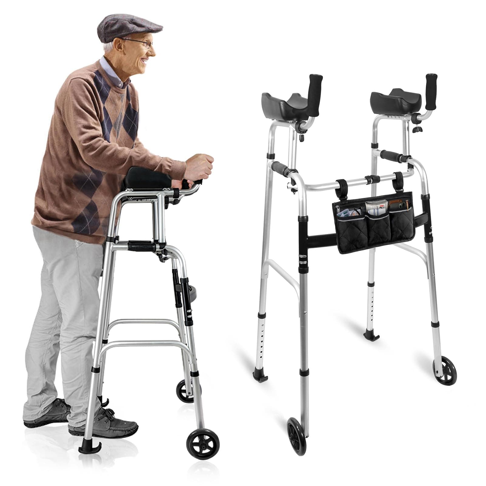 Foldable Stand Up Walker with Armrest Pad - 7-Height Adjustable Aluminum Walkers, Standard Walker for Seniors, Elderly, Handicap, Platform Walker with Arm Support, Standing Upright Walker, Silver