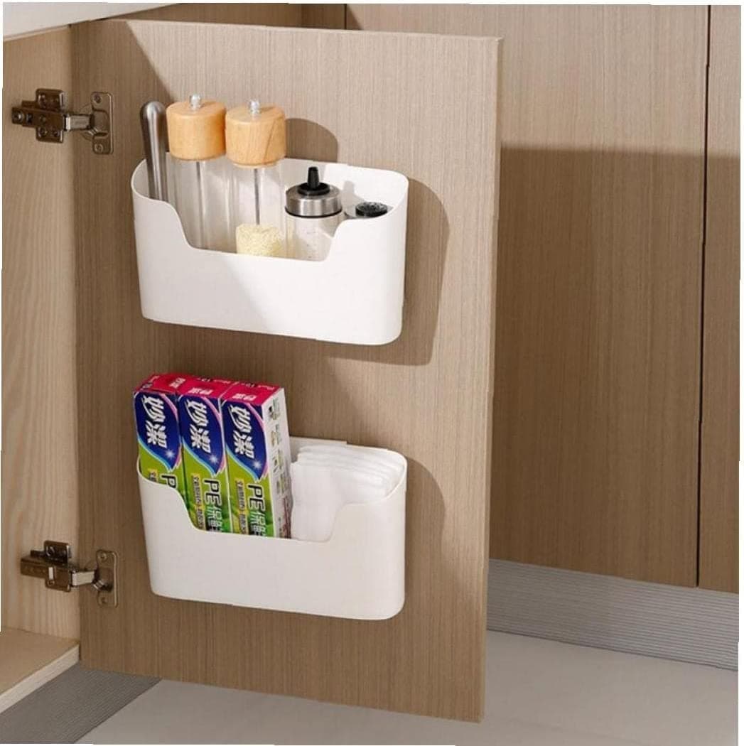 2-Piece Kitchen Door Storage Box, Adhesive Wall Mounted, ABS Plastic, White, Cabinet/Bathroom/Refrigerator Organizer