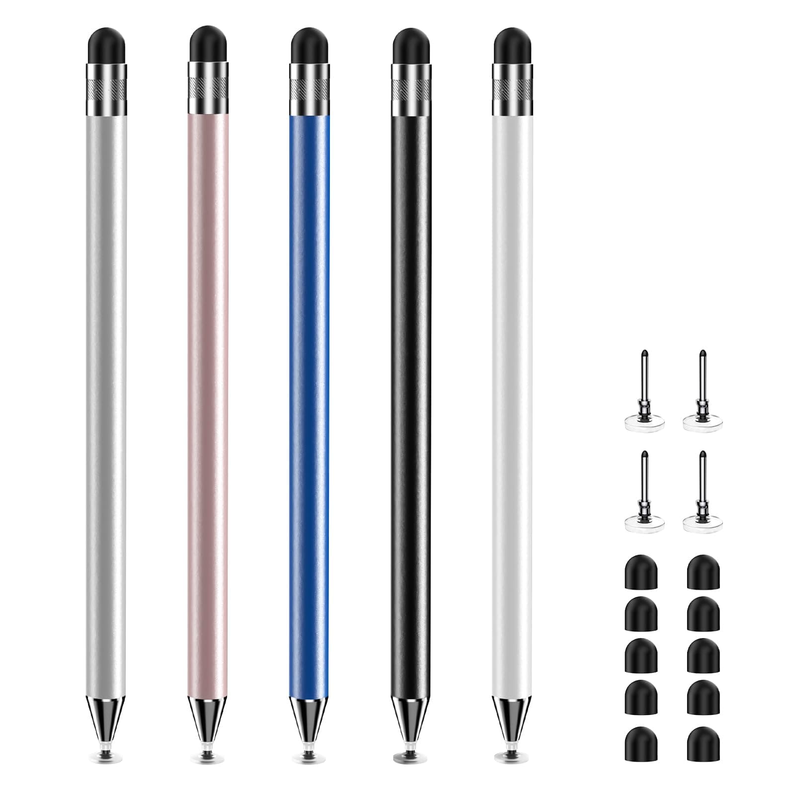 Stylus with 10 Rubber Nibs & 4 Clear Tips, 2-in-1 Stylus Pen for Touch Screen(5 Pcs), High Precision Sensitive for Drawing & Writing on iPhone/iPad/Android Tablets (Black/White/Blue/Rose Gold/Silver)