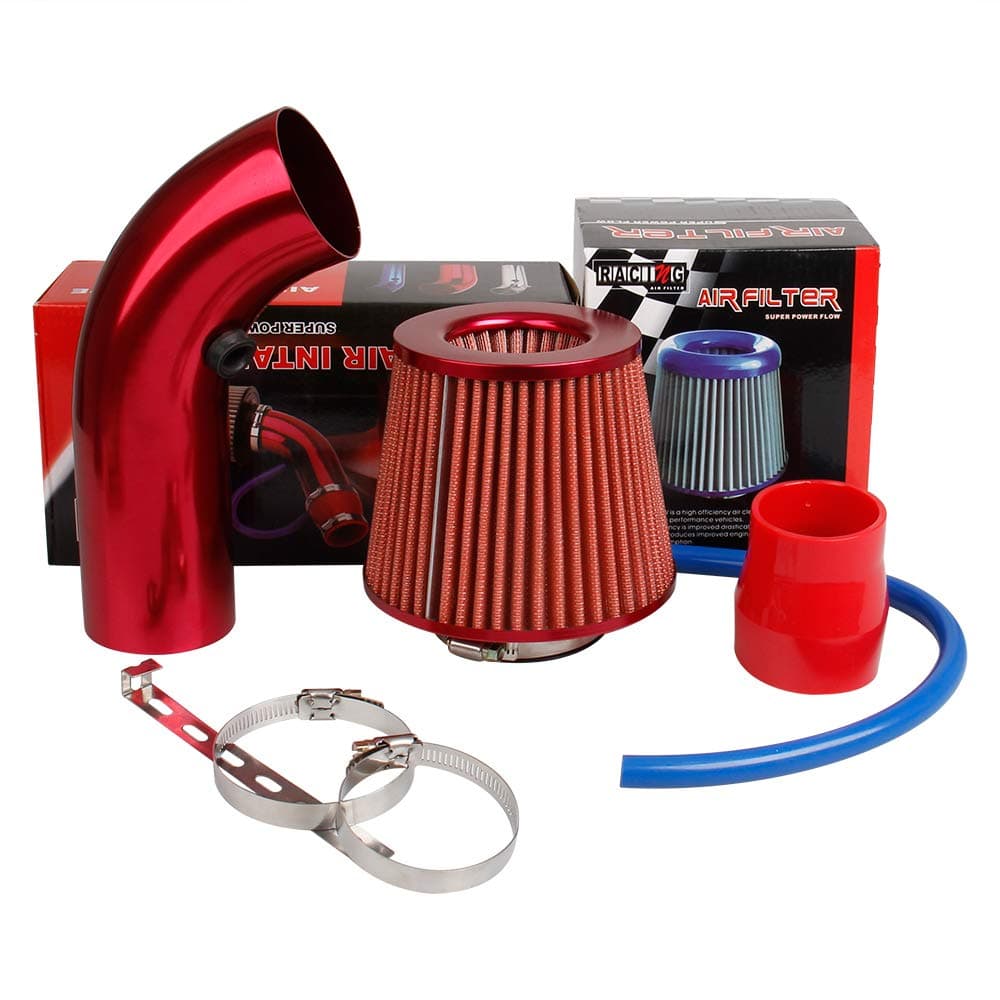 Cold Air Intake Filter 3in Air Induction Kit Cold Air Filter Kit with Alumimum Pipe for Car Automobile Racing Engine - Red