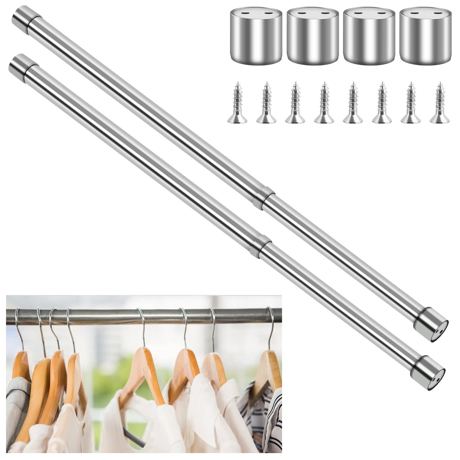 2 Pcs 47-80cm Extendable Stainless Steel Wardrobe Rail, Adjustable Clothes Rail Pole With Screw, Heavy Duty Wardrobe Hanger Rail for Clothes, Wardrobe Fittings for Closet