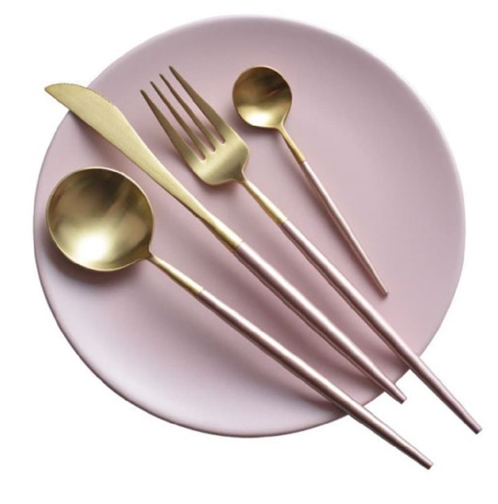 Home Dinner Flatware Cutlery Set of 4 Pcs, Dinner Spoon + Dinner Fork + Dinner Knife + Desert Spoon Tableware - Pink Champagne Gold