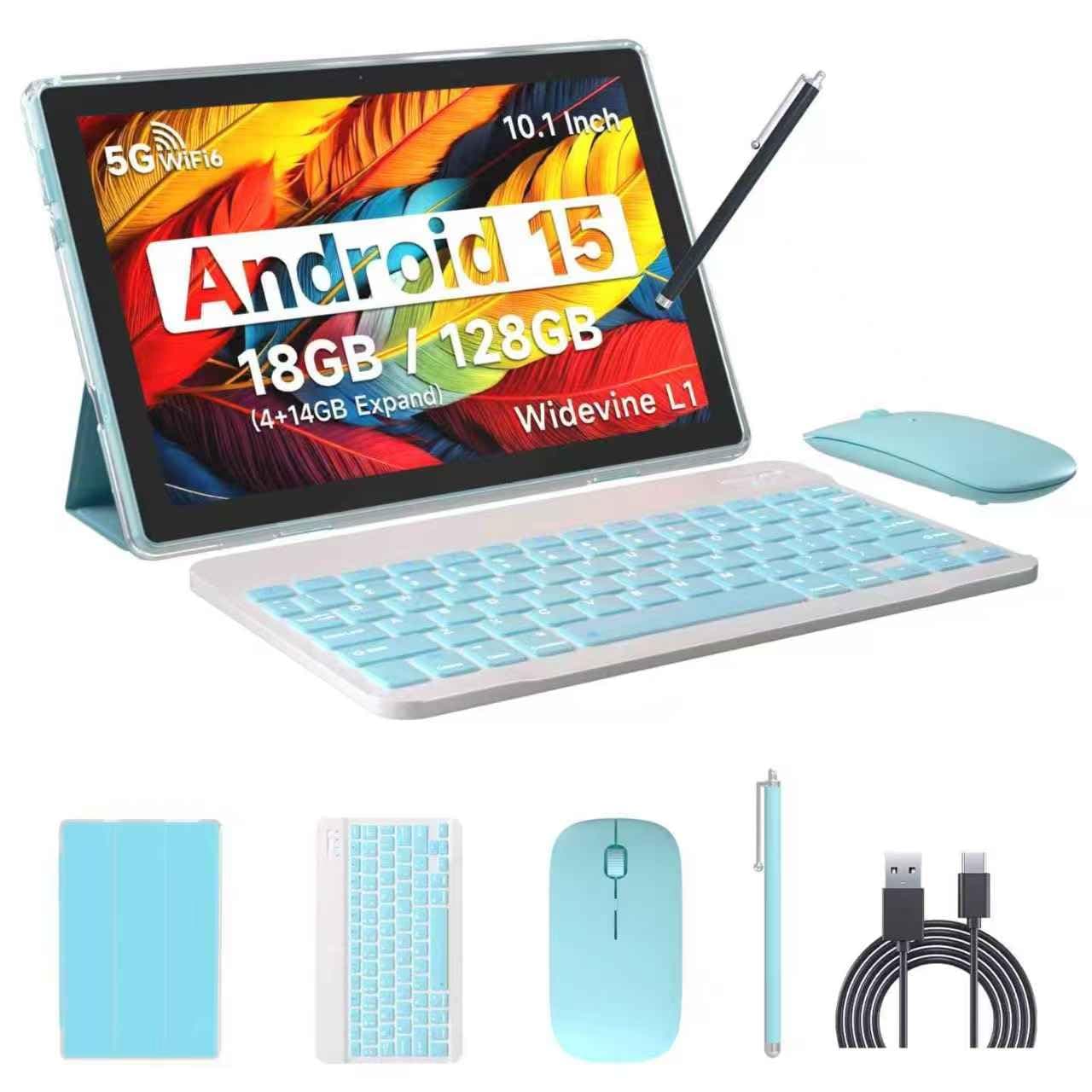 IWEGGO Android 15 Tablet, 10 Inch 18GB RAM+128GB ROM/ 2TB Expandable Tablet, 2.0GHz Quad-core Processor, 1280*800 HD Touch Screen, 5G WiFi6 BT 5.0, 2 in 1 Tablets with Keyboard Case Mouse Stylus Blue