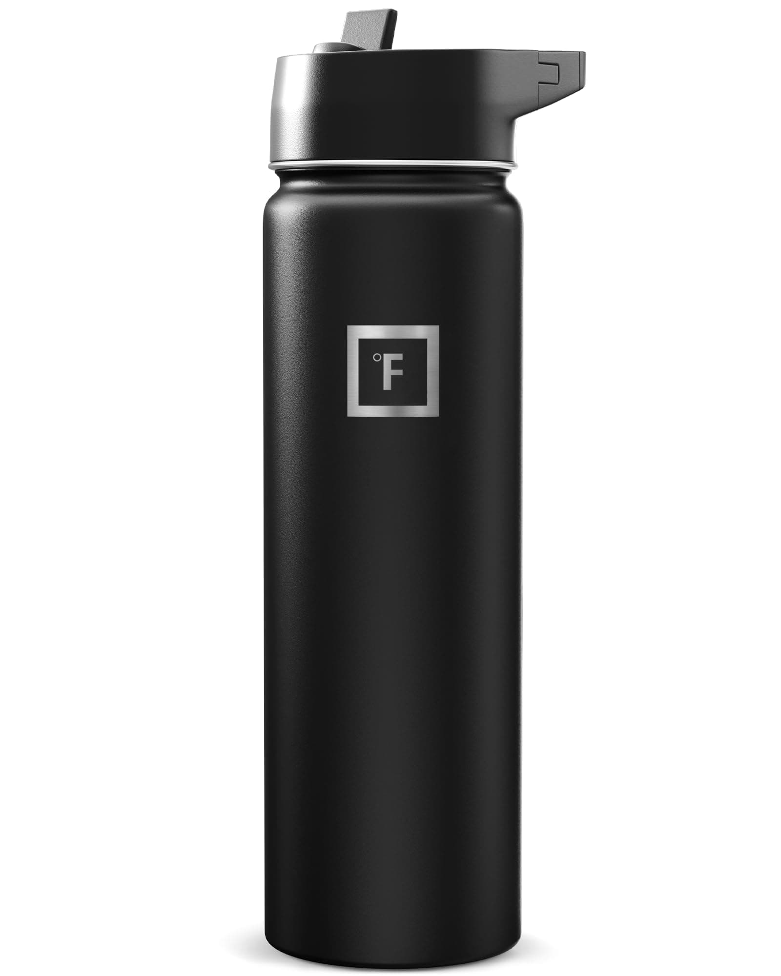 IRON °FLASK Camping & Hiking Hydration Flask with Straw, Wide Mouth Insulated Stainless Steel Sports Water Bottle - Midnight Black 24 oz - Straw (1 Lid)