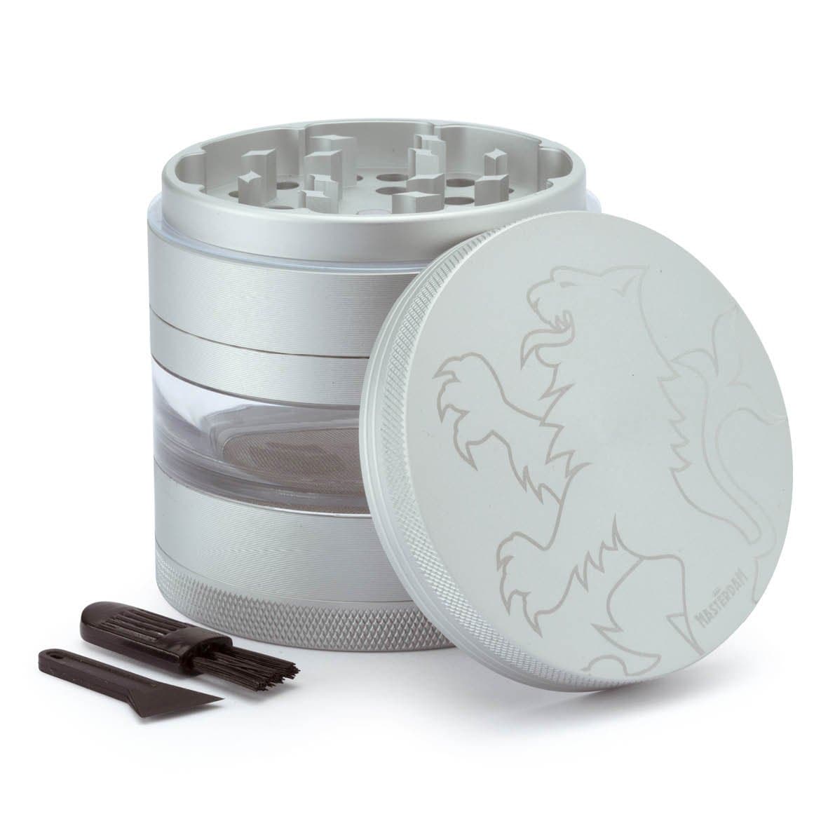 Masterdam Grinders Lion Series Large 5 Piece Herb Grinder with Removable Micron Screen - 63mm - 2.5 Inch Satin Silver Aluminium
