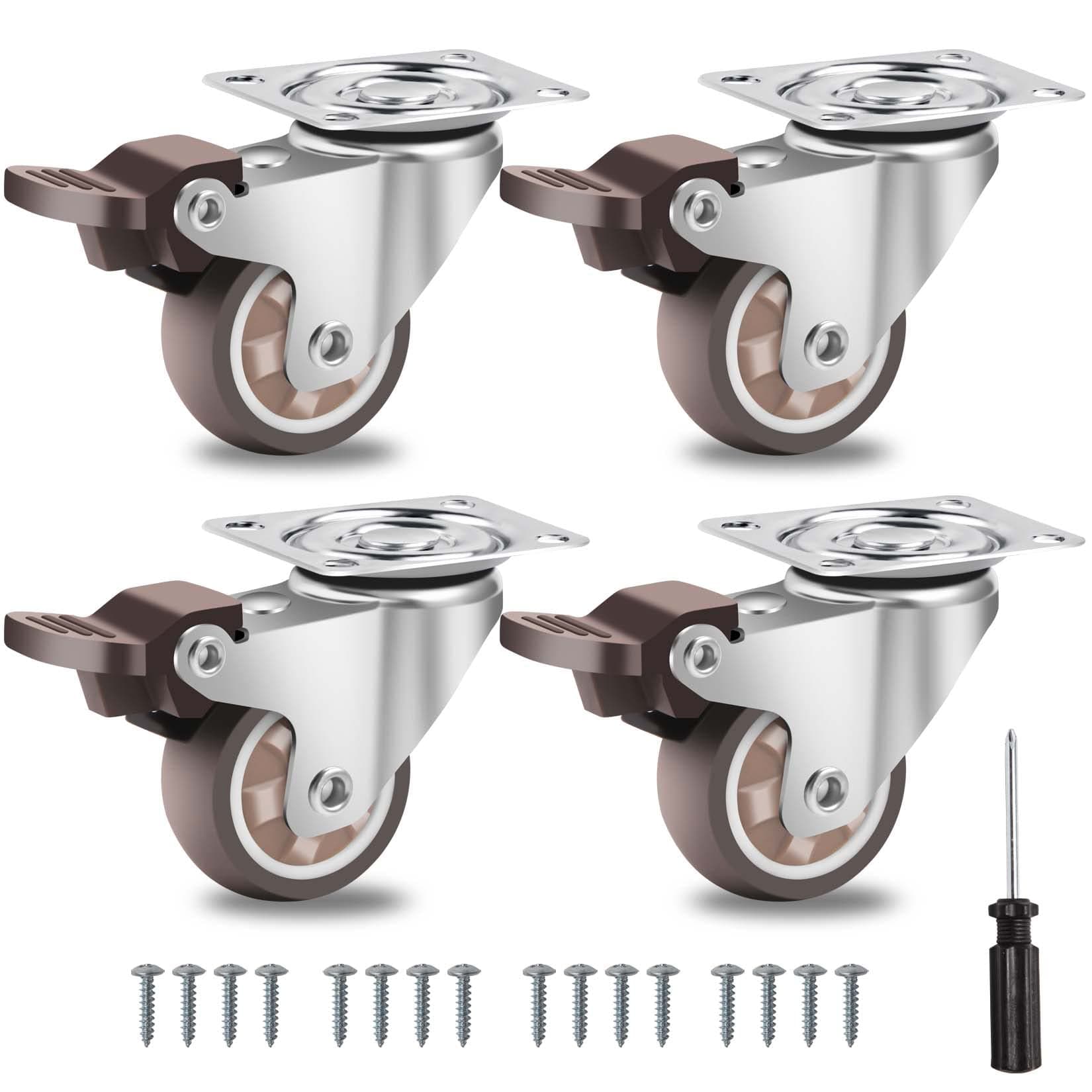 W B D WEIBIDA 1.5” Castor Wheels Heavy Duty with 4 Brakes, No Floor Marks Silent Rubber Casters with Load Capacity 300 Lbs,Small Swivel Trolley Caster for Furniture,4 Pack(Free Screws and Screwdriver)
