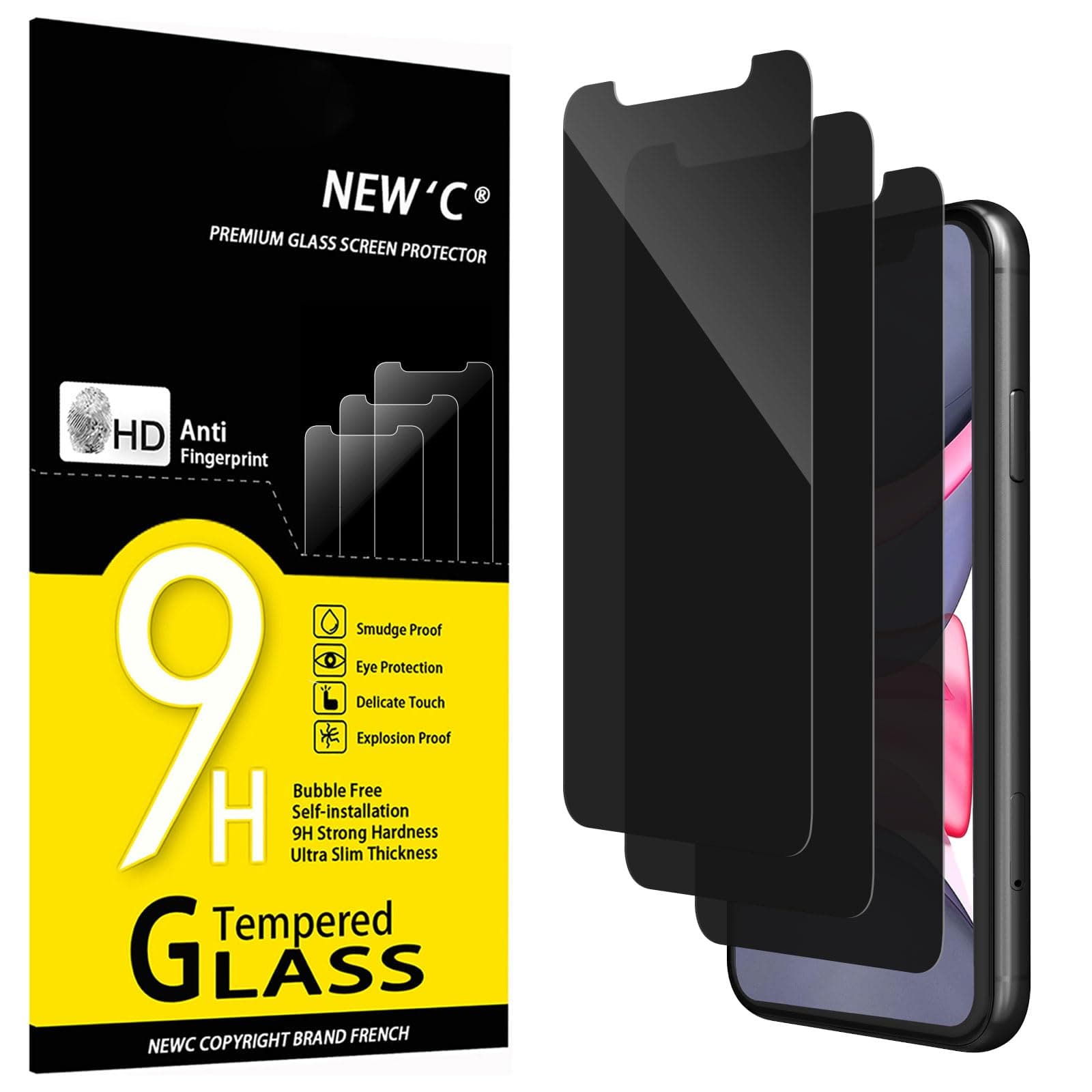NEW'C Pack of 3 Privacy Screen for iPhone 11, iPhone XR for Tempered Glass, Improved 28 Degree Protection Angle, Ultra Durable 9H Hardness, Bubble-Free