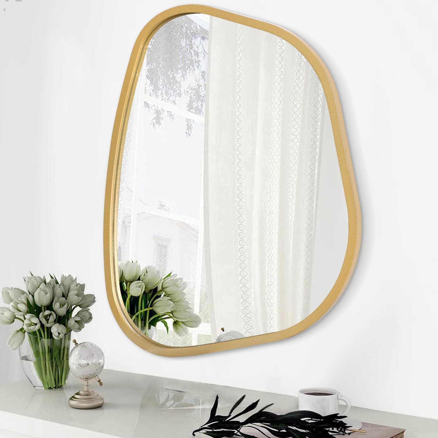 Irregular Asymmetrical Mirror Wall Mounted, Unique Vanity Mirror, Shaped Dressing Mirror Decorative for Living Room, Bathroom, Bedroom, Entryway Wall Decor Gold 16"x12"