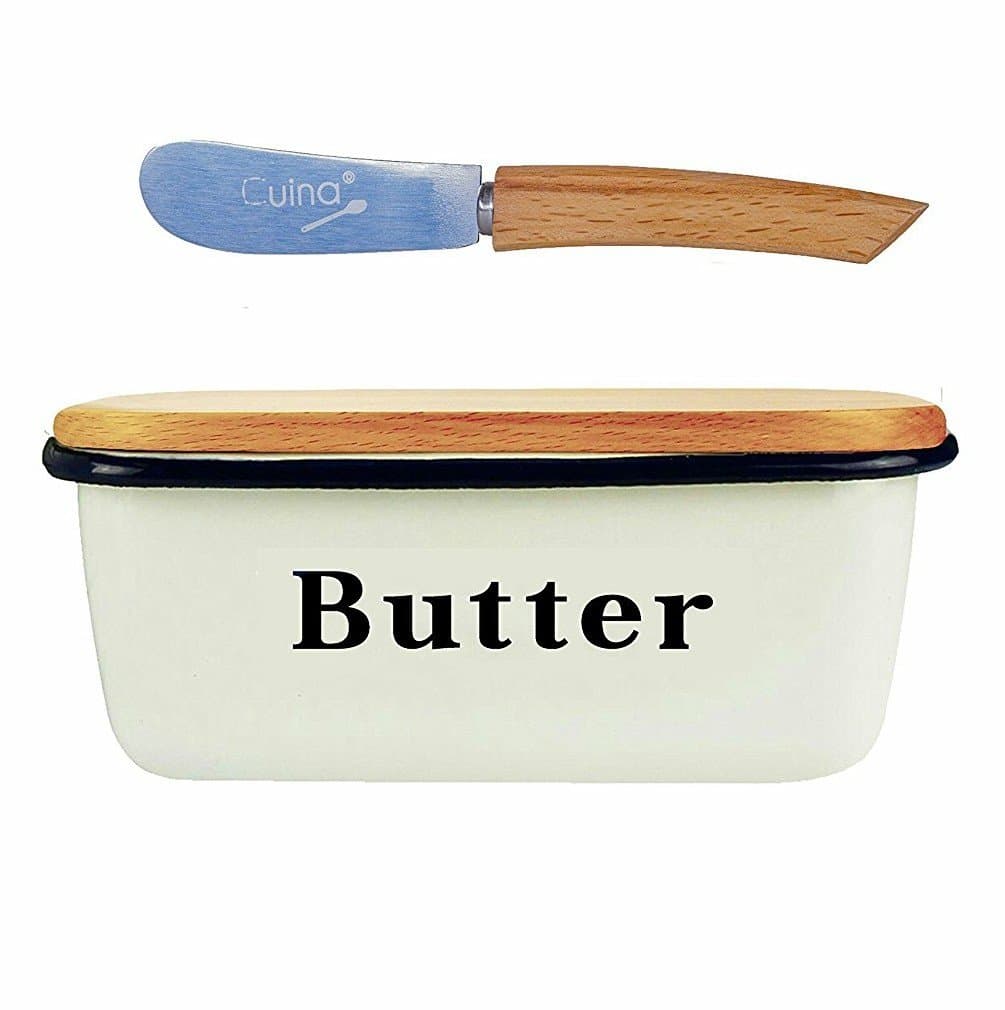 Large Butter Dish – Enamelware Container, Beech Wood Lid and Stainless Steel Spreading Knife, Handmade for Country Style Kitchen – Large One Pound of Butter