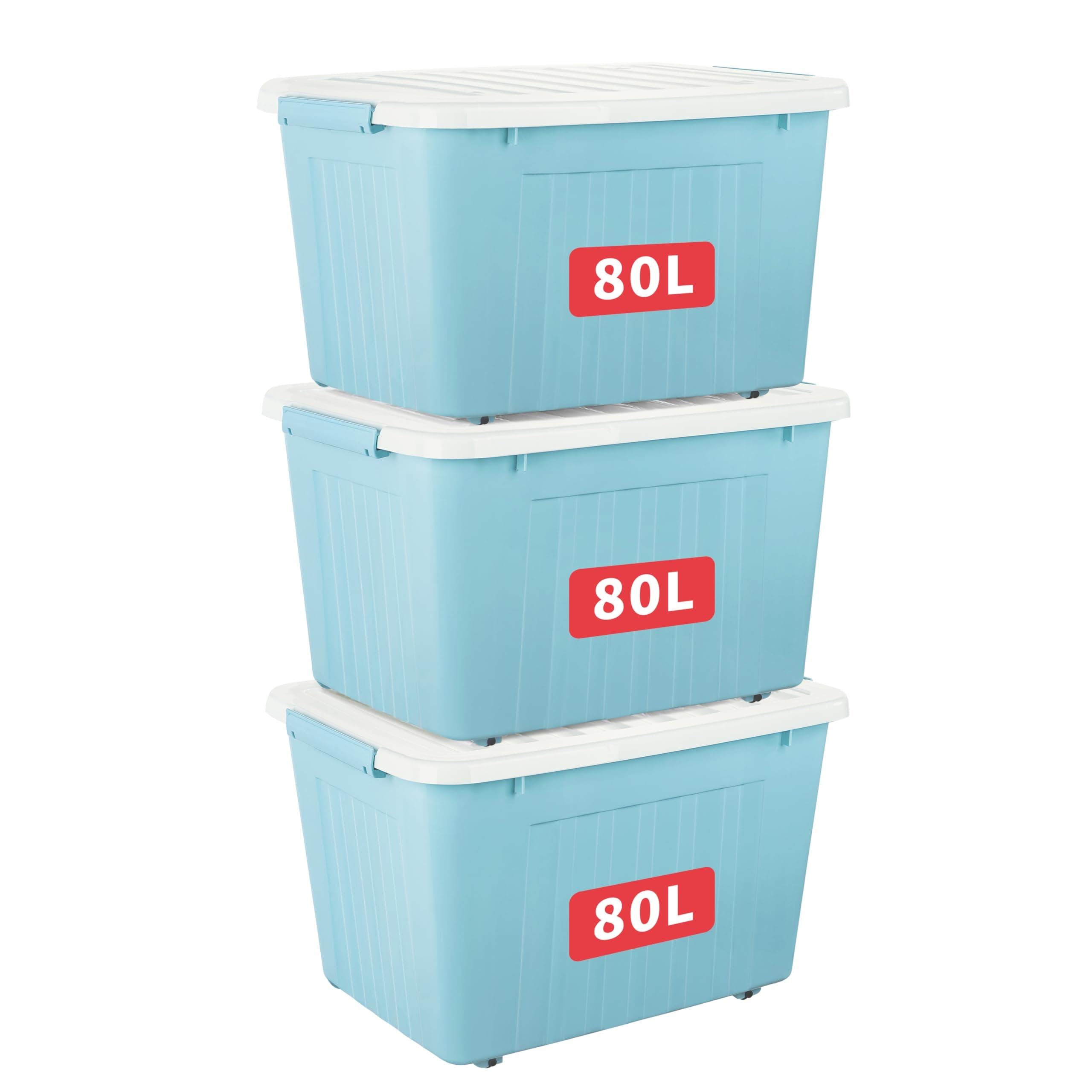 Cetomo 80L*3 Storage Boxes with Wheels, Plastic Storage Box with Lid, Latching Buckles, Click Closure, Stackable, Nesting, Durable Organizer for Home Office Clothes, Blue, 80L-3 Pack