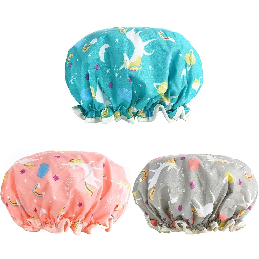 AIPAOShower Caps, 3 PACK Bath Cap for Women Waterproof & Adjustable Double Layered Shower Cap (Multi-colored6)