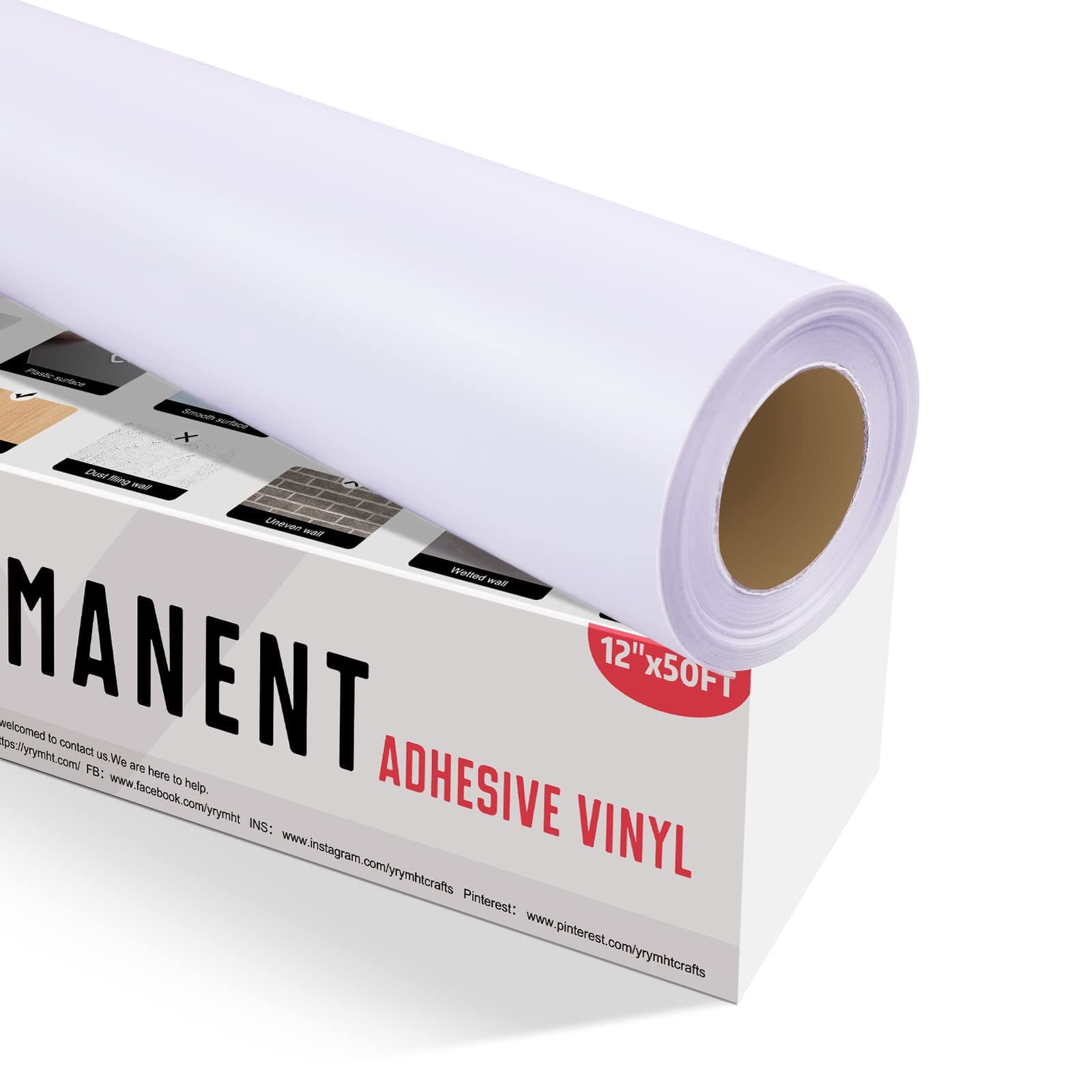 YRYM HT White Permanent Vinyl Roll – 12”x50FT Matte White Permanent Adhesive Vinyl Rolls Compatible with Cricut Cutting Machine, Silhouette and Cameo Cutters