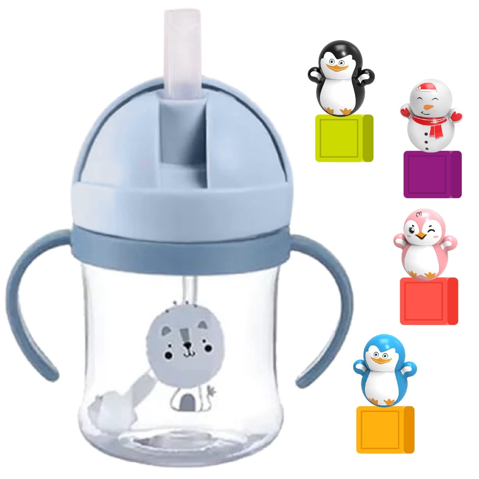 GoIndigo 260ml Sippy Cup With Straw, Handle, and Soft Spout - Spill-proof Toddler Water Bottle With Cute Toys (Blue)