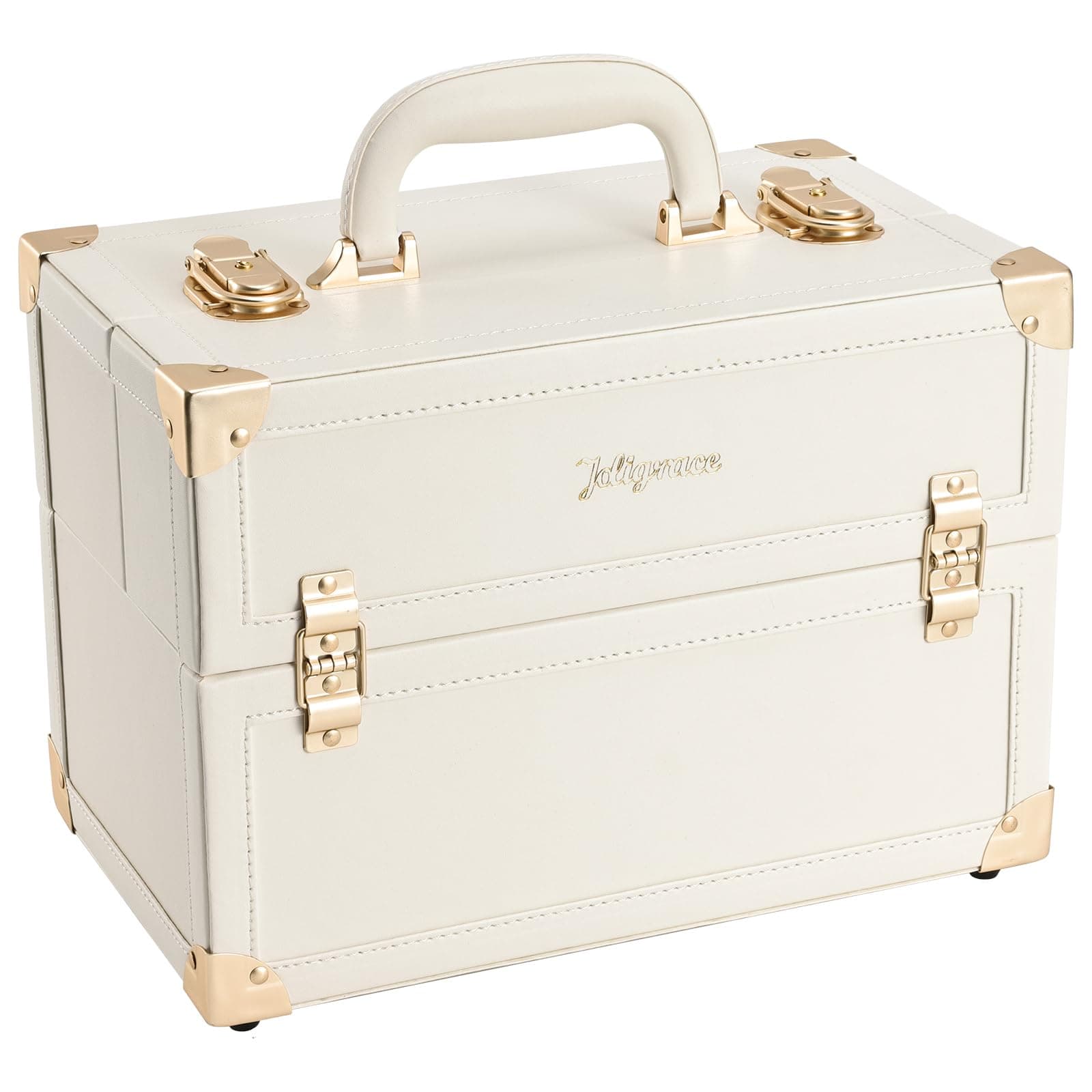Joligrace Makeup Train Case Large Portable Cosmetic Makeup Storage Box Organizer Lockable with 4 Tray Compartments Retro Champagne Beige Vegan Leather, champagne gold, Makeup Case With 4 Tray