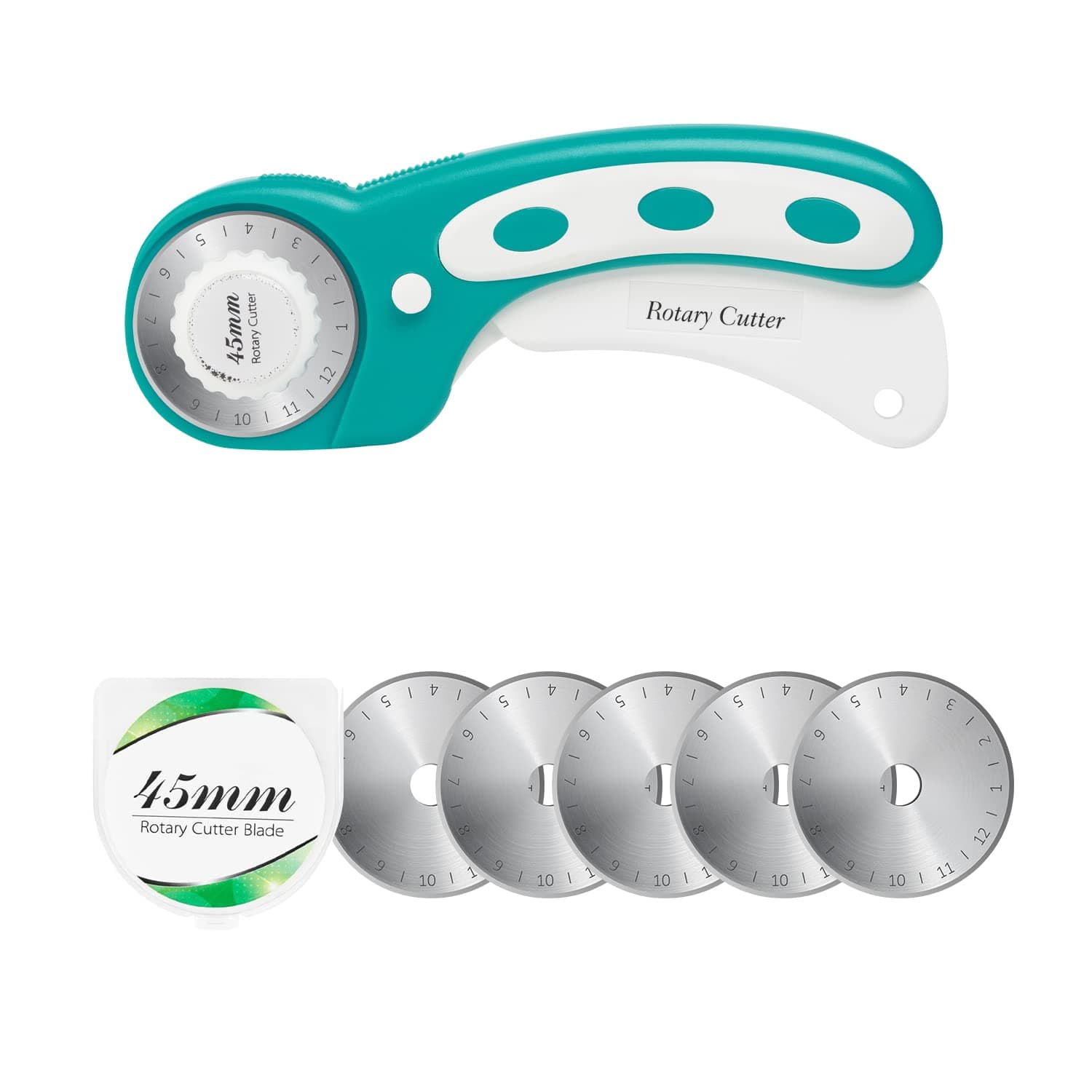 45mm Rotary Cutter with 5pcs Extra Blades, Ergonomic Handle Rolling Cutter with Safety Lock for Fabric, Leather, Crafting, Sewing, Quilting, Fabric Rotary Cutter Perfect for Left & Right Hand (Green)