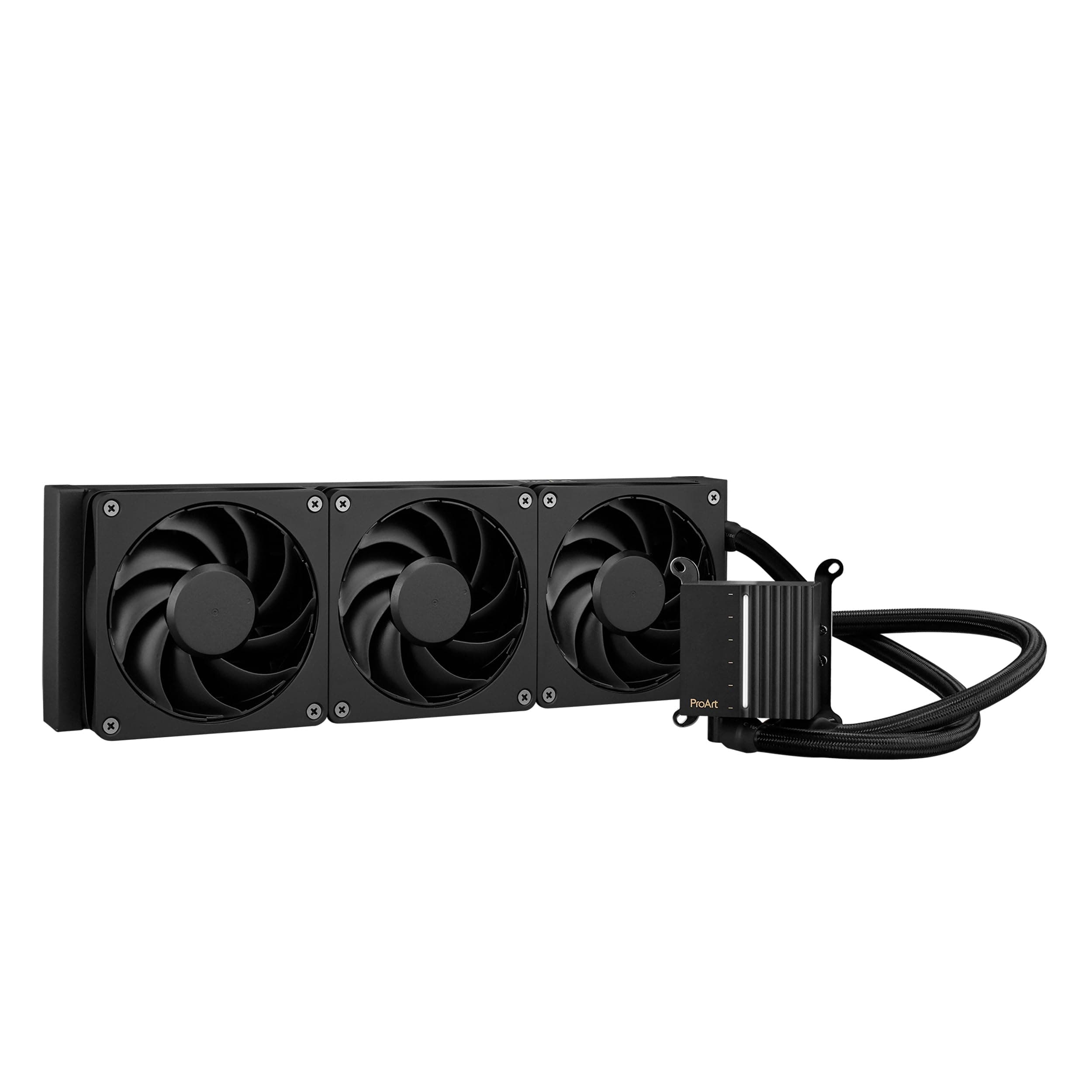 ASUS ProArt LC 360 all-in-one AIO CPU liquid cooler AMD AM4 AM5 & Intel LGA 1700, 1200, 115X support, with illuminated system status meter and three matte black Alphacool Apex Stealth Metal Power fans