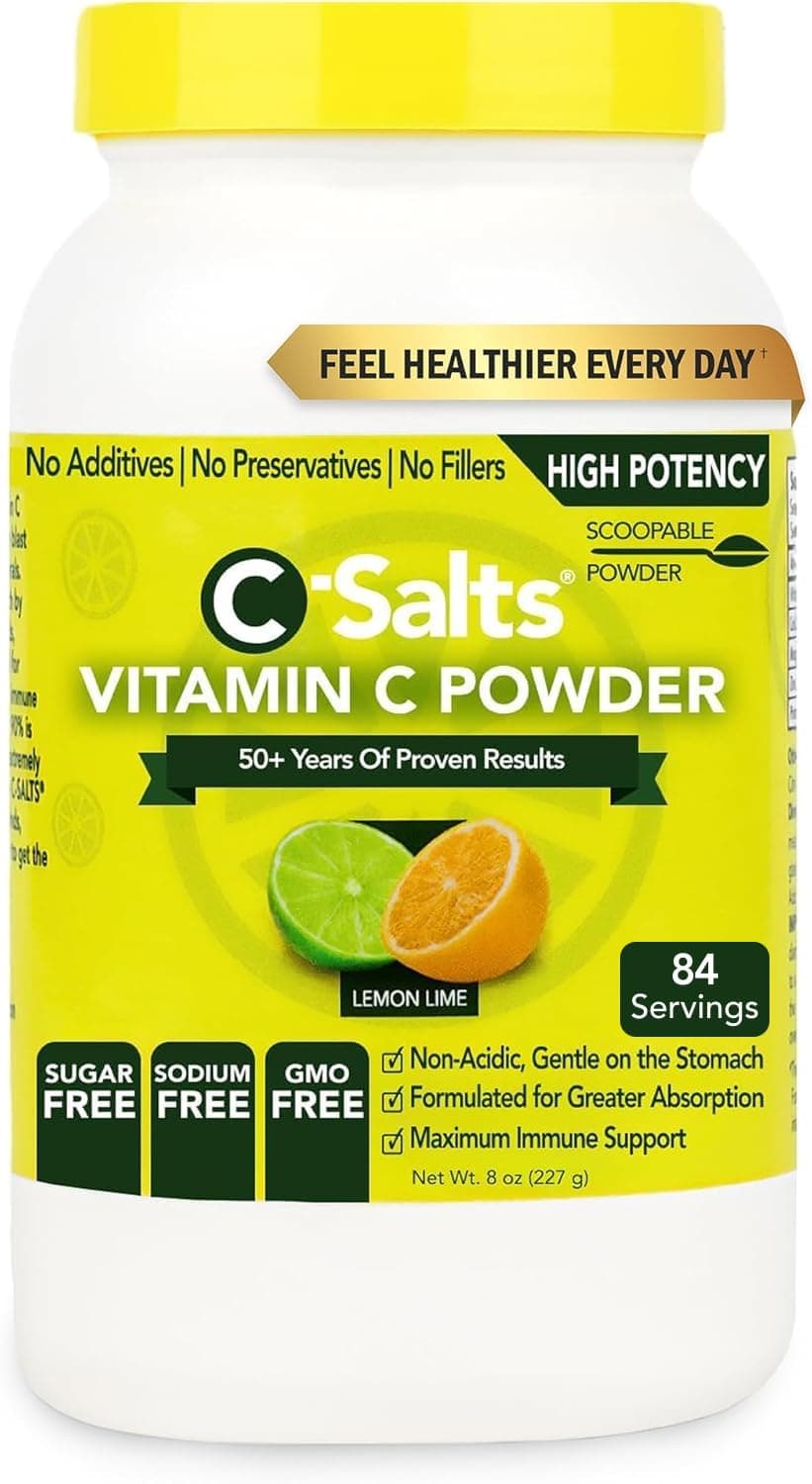 C-Salts Vitamin C Powder - 100% Pure Buffered Ascorbic Acid Powder for Daily Immune Support & Collagen Production - Stomach-Friendly Organic Vegan Non-GMO Sugar-Free - 84 Servings - Lemon Lime, 8oz