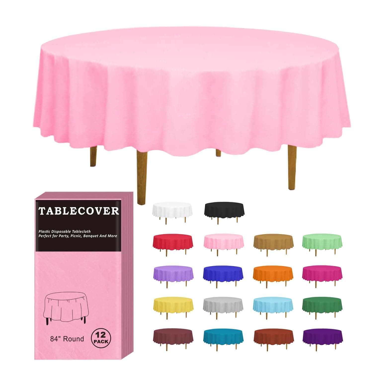 D&Z Plastic Table Cloth Disposable, 12 Pack Pink Round Tablecloth Individually Wrapped for Indoor&Outdoor, 84 Inch Table Cover for Valentine's Day, Party, Mother's Day, Birthday, Wedding & Dinner
