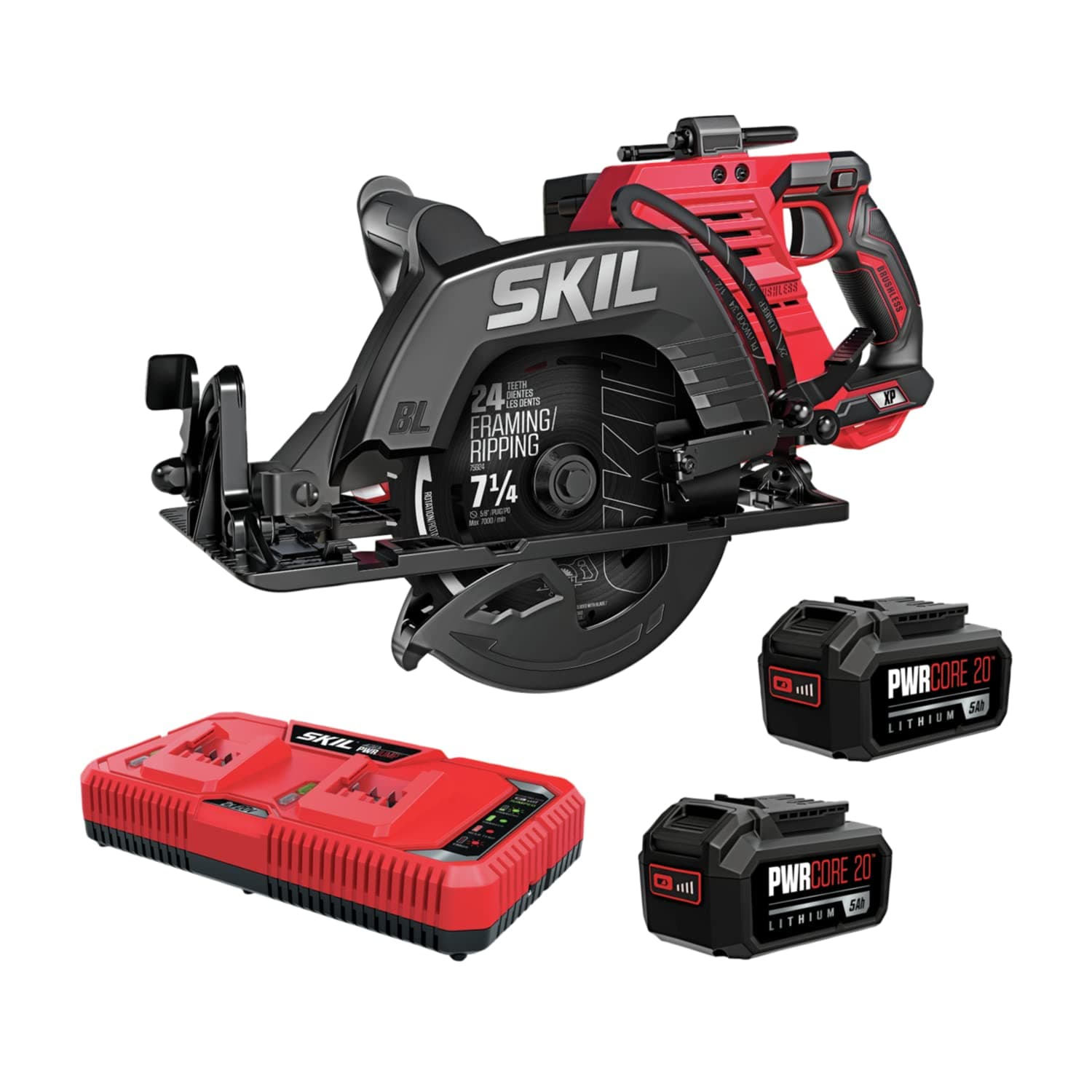 2x20V PWR CORE 20 Brushless 7-1/4” Rear Handle Circular Saw Kit Includes Two 5.0Ah Batteries and Dual Port Auto PWR Jump Charger-CR5429B-20, Red