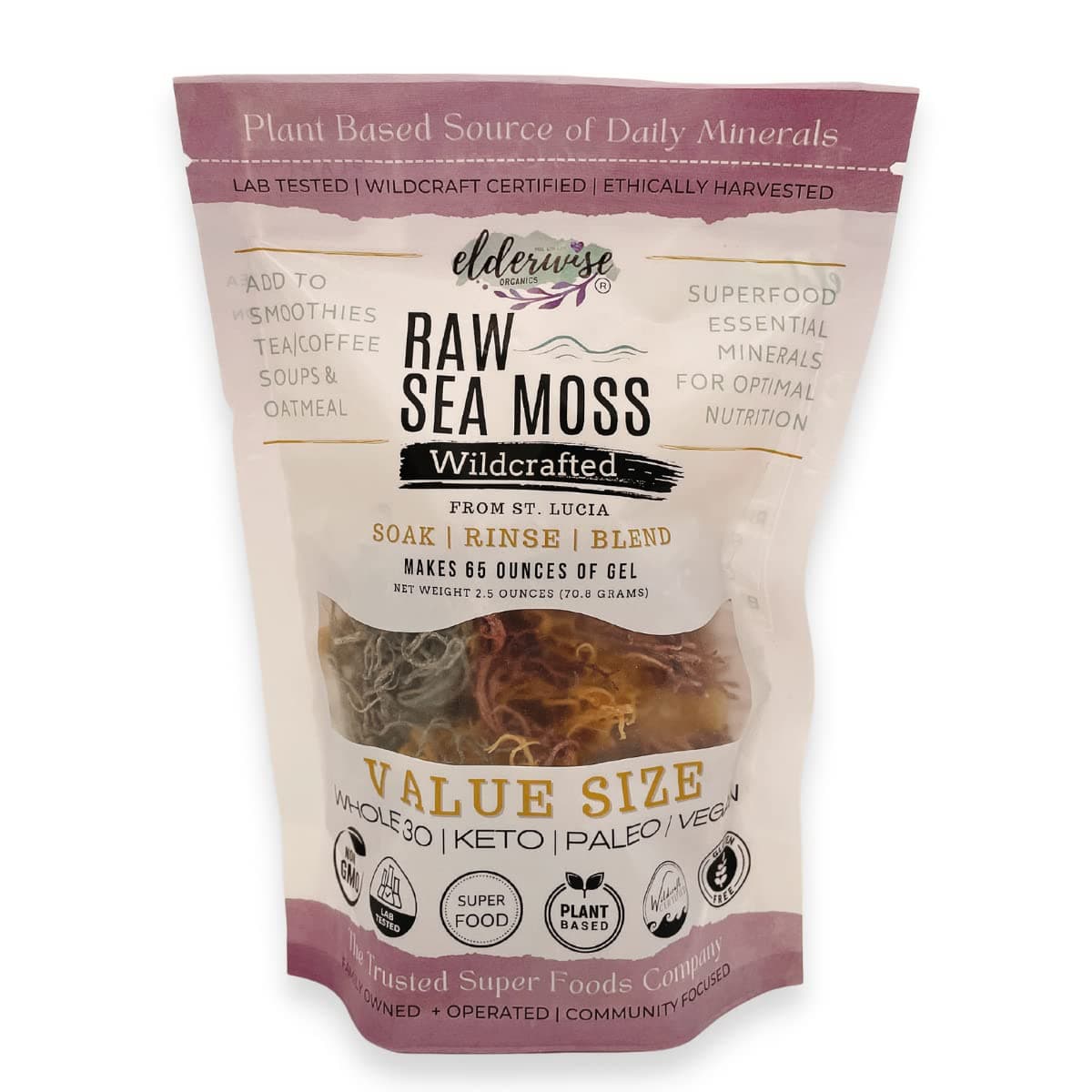 Elderwise Organics Made with Love Sea Moss | Wildcrafted | 2.5 oz | Makes 64 oz of Gel | Raw + Non GMO | Sundried | Mineral Rich | Saint Lucia