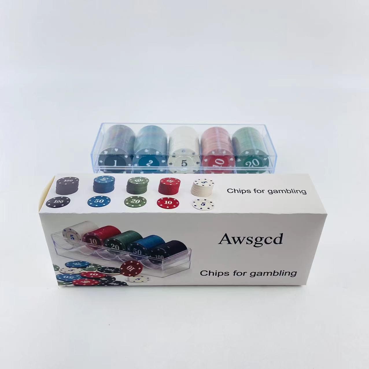 Awsgcd Chips for gambling - Clear Acrylic Tray with 100 Pack of Standard Size Suited Poker Chips, Choose Your Color - Lightweight Casino Bulk Game Accessories with Holder