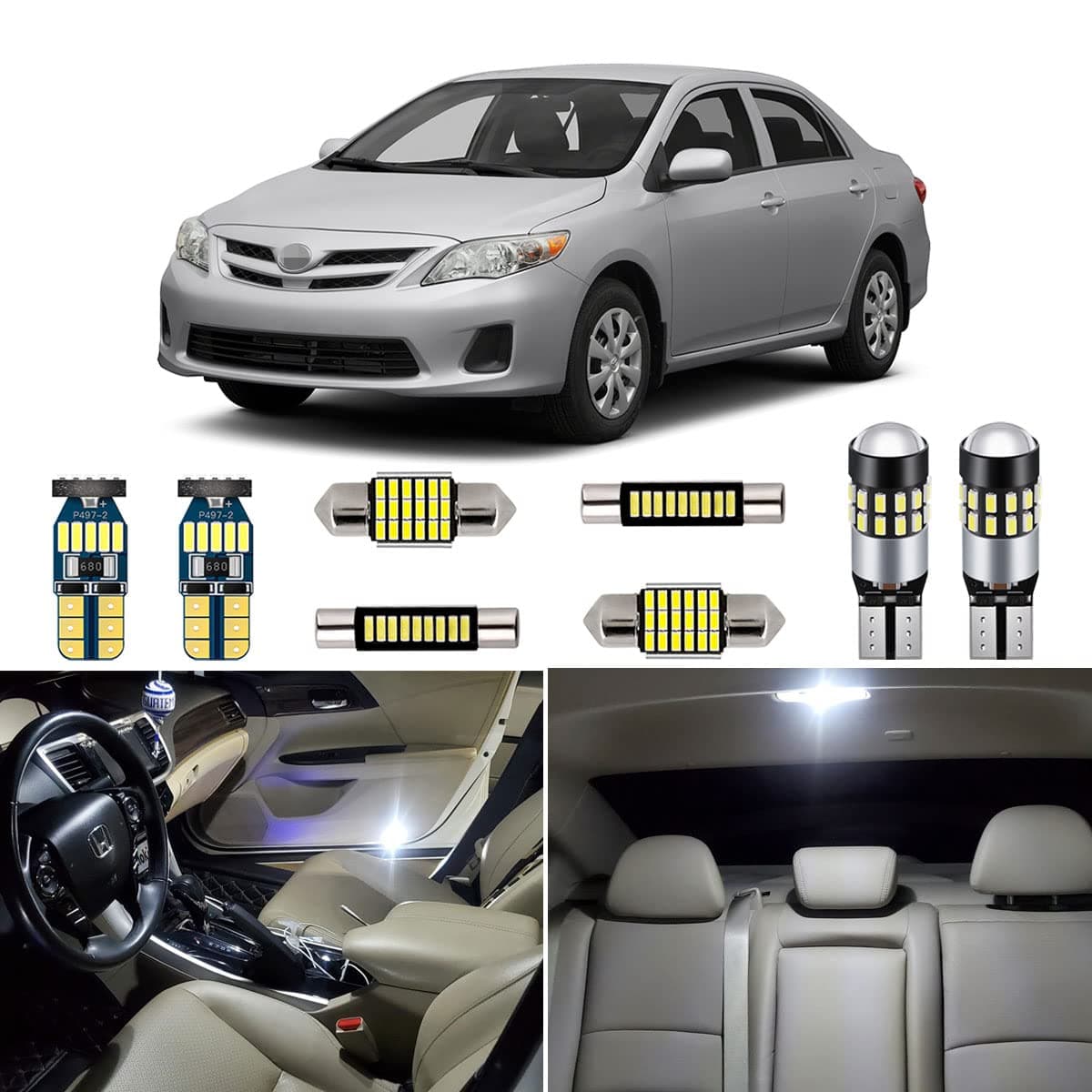AUTOGINE 6 Piece White LED Interior Lights Kit for Toyota Corolla 2003 2004 2005 2006 2007 2008 2009 2010 2011 2012 Super Bright 6000K Interior LED Light Bulbs Package + Install Tool