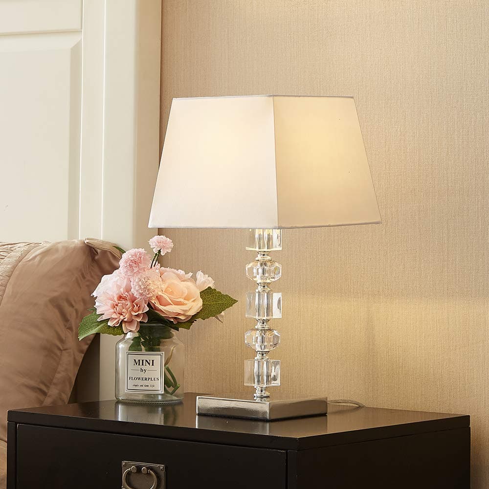 Modern Style White Square Fabric Shade Crystal Bedside Table Lamp,Bedside Lamp with Clear Crystal Lamp Base Perfect for Bedroom,Living Room