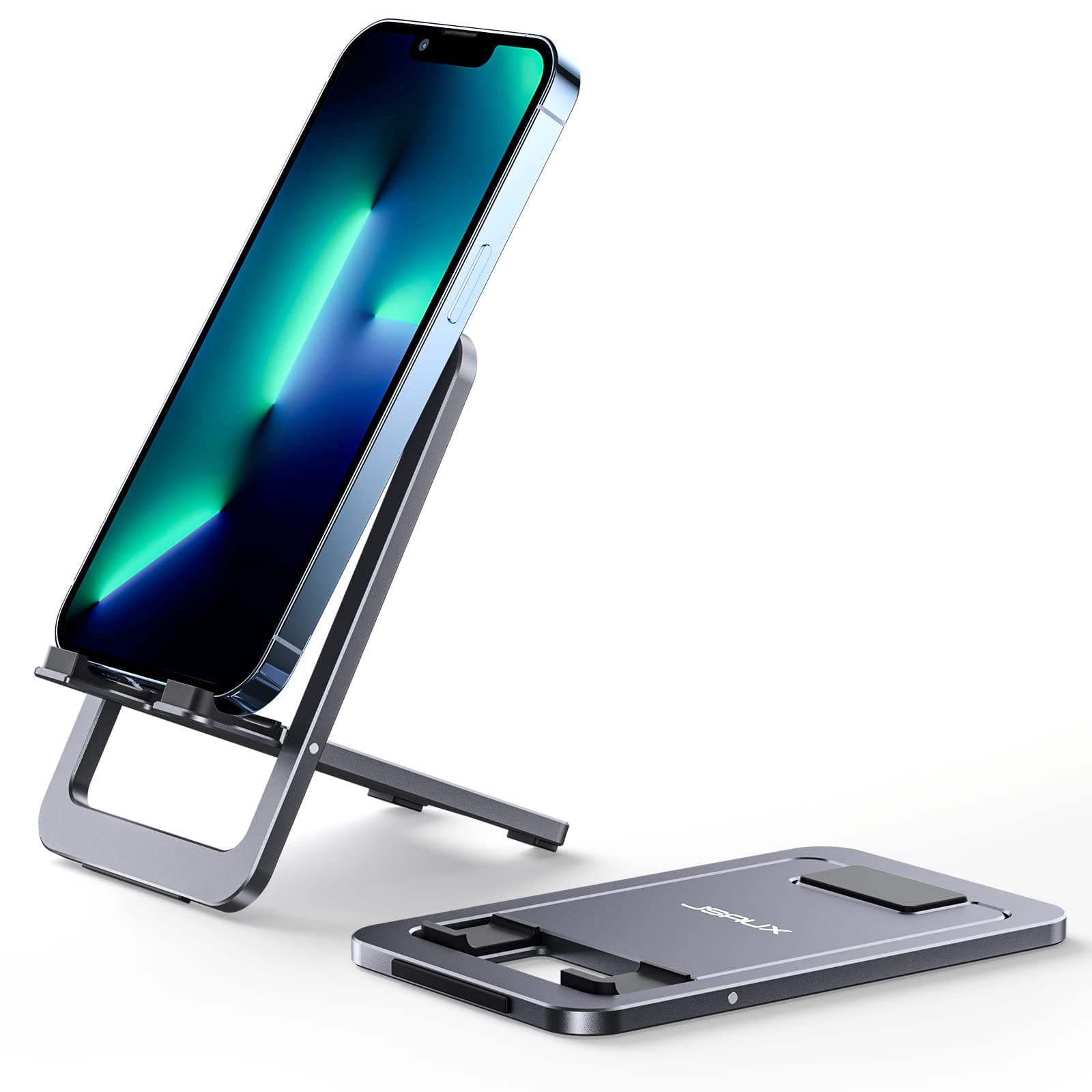 JSAUX Cell Phone Stand 2-Pack, Foldable Aluminum Adjustable Phone Holder for Desk Portable Travel Essentials Office Accessories for iPhone 17 16 15 14 13 Pro Max Samsung S25 S24 S23 Ultra Kindle-Gray