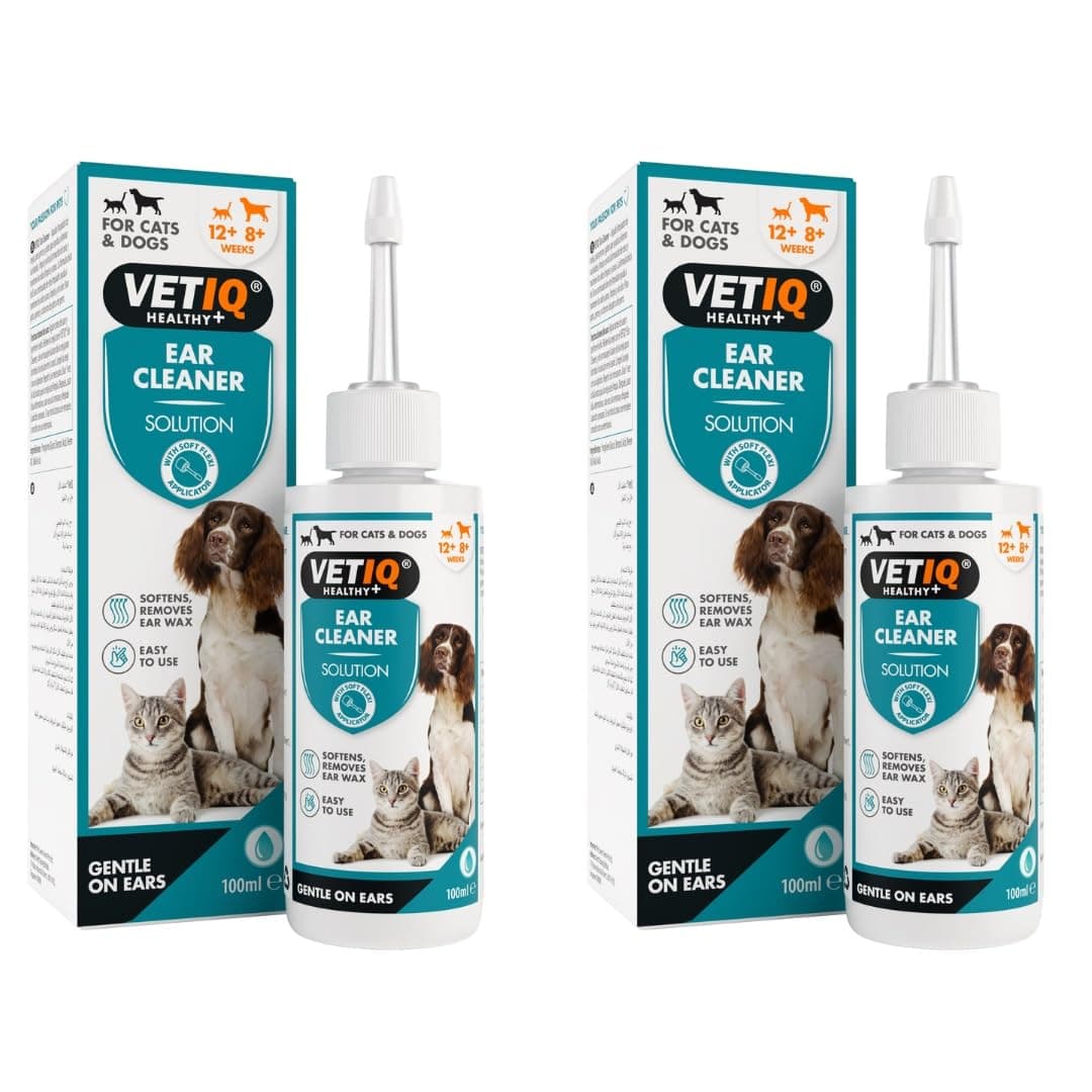 VetIQ Ear Cleaner Solution With Soft Flexi Applicator For Cats & Dogs, Safe & Gentle Solution to Soften & Remove Ear Wax & Maintain Ear Hygiene, Twin Pack (2 x 100 ml)