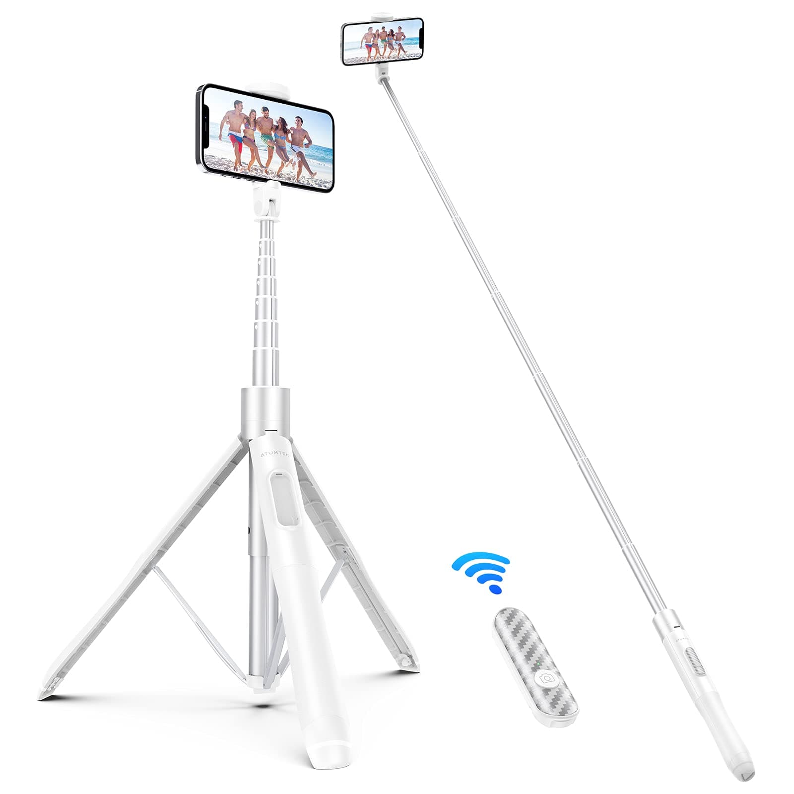 ATUMTEK 60" Selfie Stick Tripod, All in One Extendable Phone Tripod Stand with Bluetooth Remote 360° Rotation for iPhone and Android Phone Selfies, Video Recording, Vlogging, Live Streaming, White