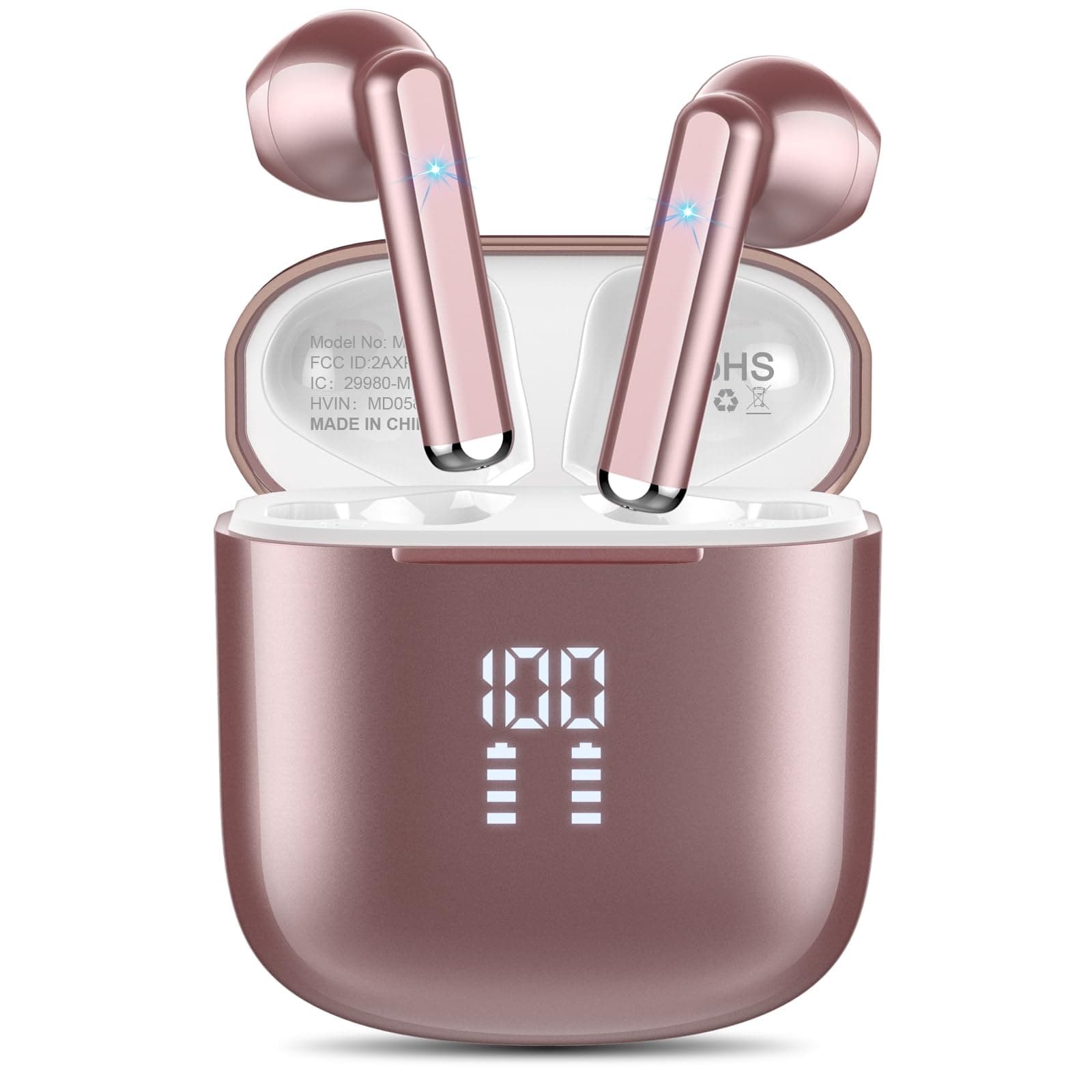 Wireless Earbuds, Bluetooth 5.3 Headphones with 4-Mics Clear Call and ENC Noise Cancelling, Bluetooth Earbuds Touch Control Stereo Sound with LED Display, Waterproof Running Headphones (Rose Gold)