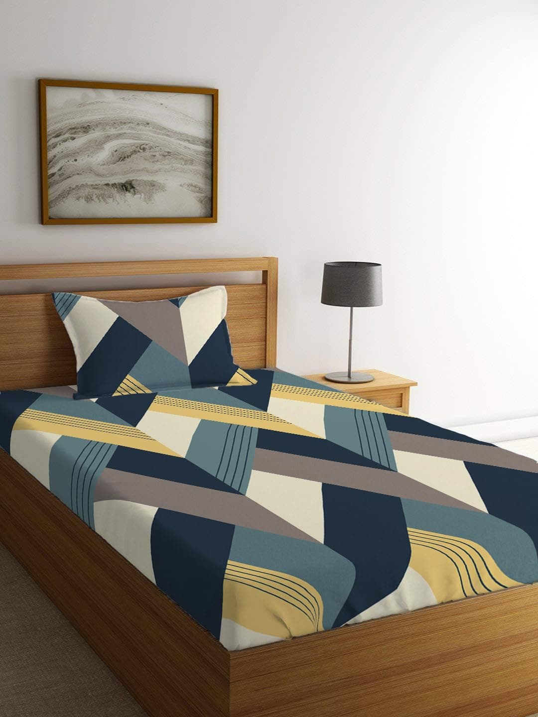 LOOMLYFE 300 TC Cotton Feel Glace Elastic Fitted Printed Single Bed Bedsheet with 1 Pillow Cover Fits Upto 6 Inches Mattress,Size- 42X75X8 Inches, Bluearrow