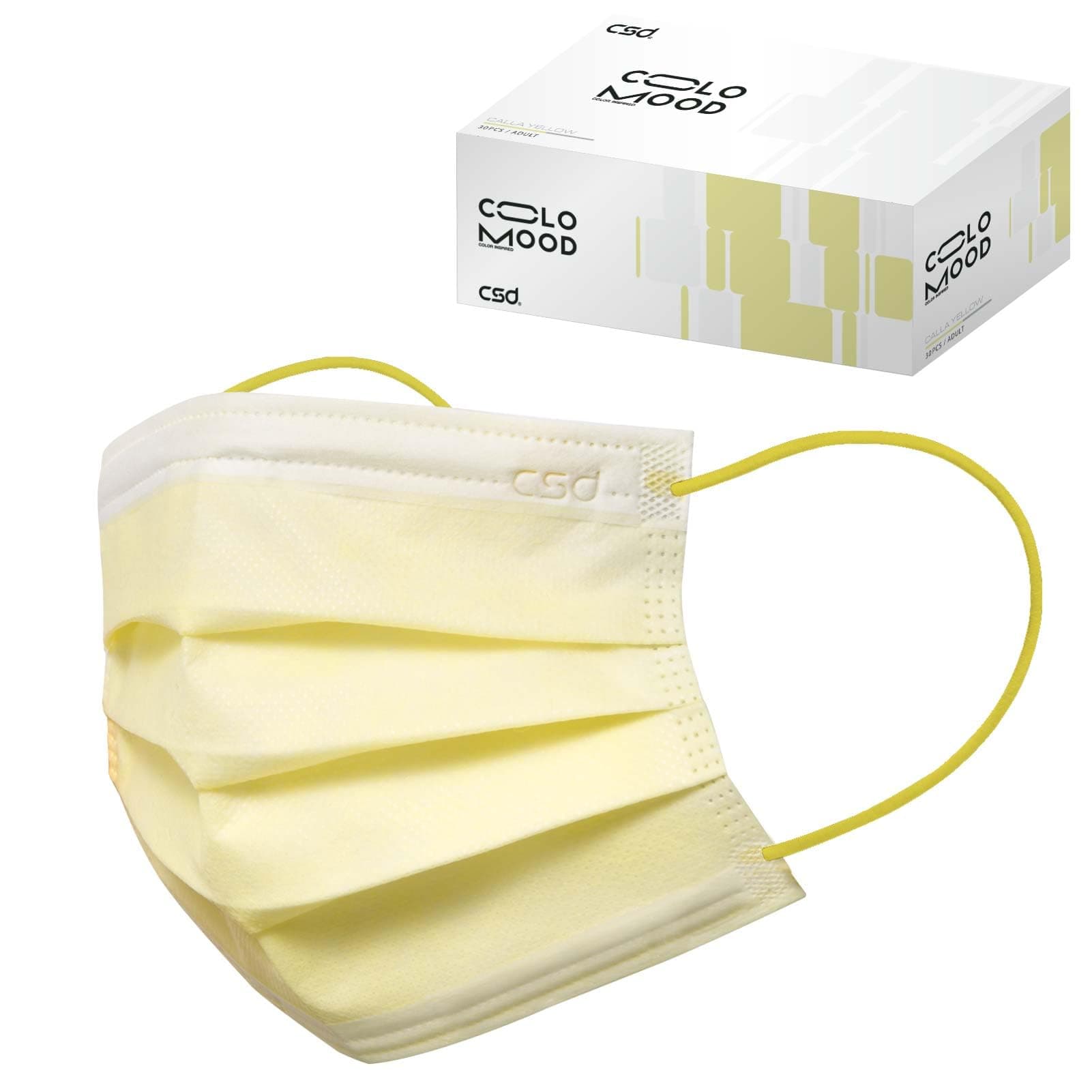 CSD Colo 30 Pcs Yellow Disposable Face Masks, 3 Ply Adult Mask with Elastic Ear Loop, Nose Bridge Clip, Breathable Comfortable Mask Great for Indoor, Outdoors Use (Calla Yellow)