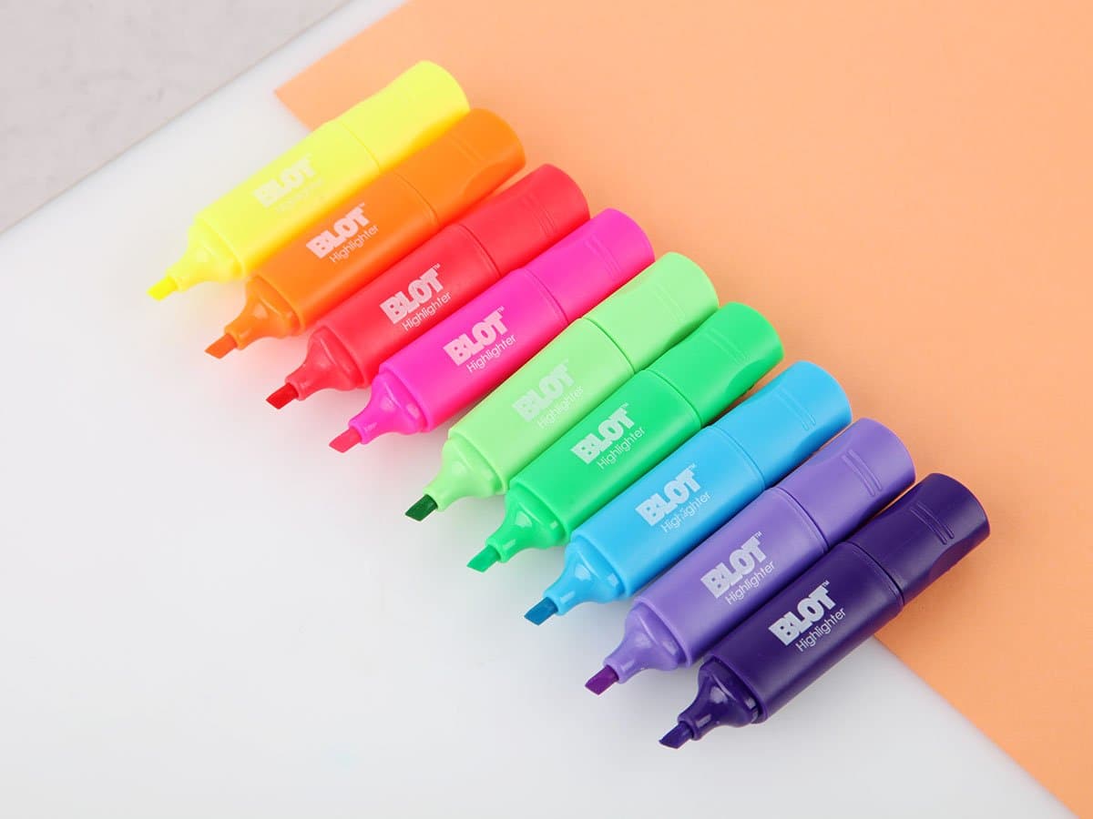 BLOT Mini Highlighters, Chisel Tip Highlighter Pens, Yellow, Pink, Orange, Green, Red, Blue and Other Assorted Colors Highlighters, 9 Pack