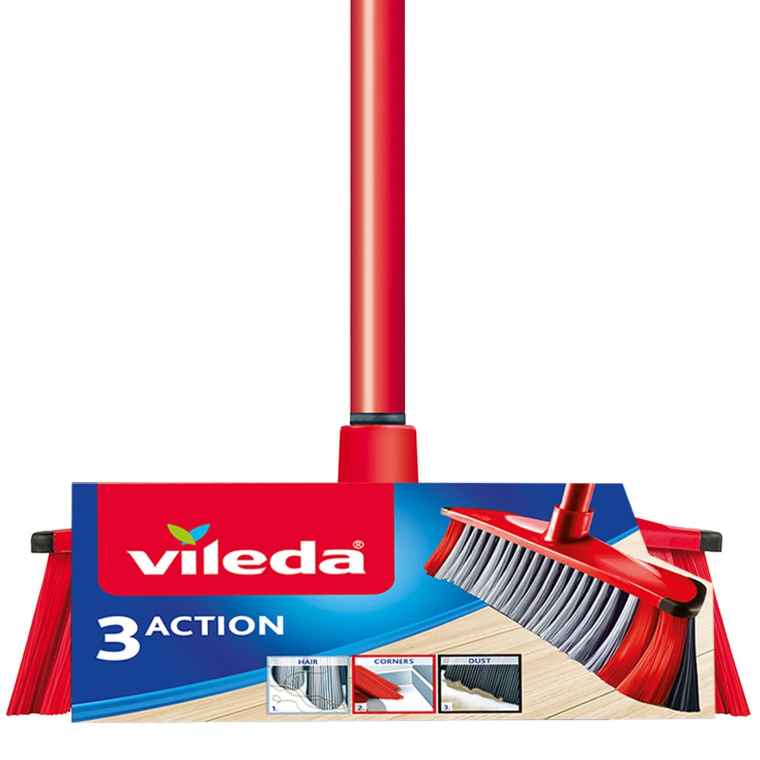 Vileda 3Action Indoor Broom with 3 Different Bristles, Red - Grey, 28 x 14 x 4 Cm